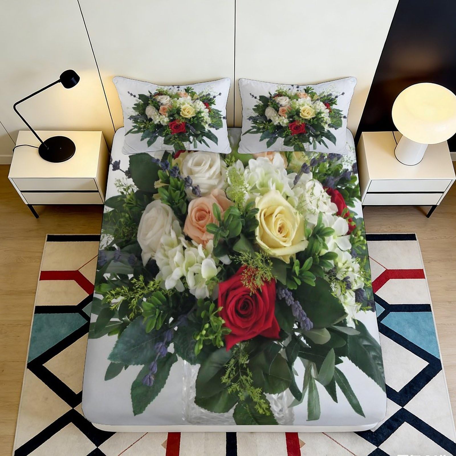 3D Printed Romantic Rose Bouquet Fitted Sheet Microfiber Floral Bed Cover Anti-Slip Machine Washable Decor for Bedroom Dorm Guest Room 90x200x25cm
