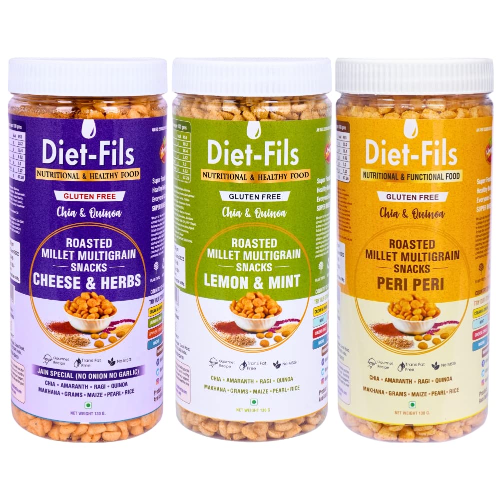 Diet-Fils Roasted Multigrain Snacks Combo Mix | Cheese & Herbs Lemon & Mint Peri Peri | Gluten Free | Zero Transfat | Made with Chia Quinoa Makhana Ragi Amaranth Maize Gram Pearl Millet Rice | Combo (130 gm x 3)-picture-23