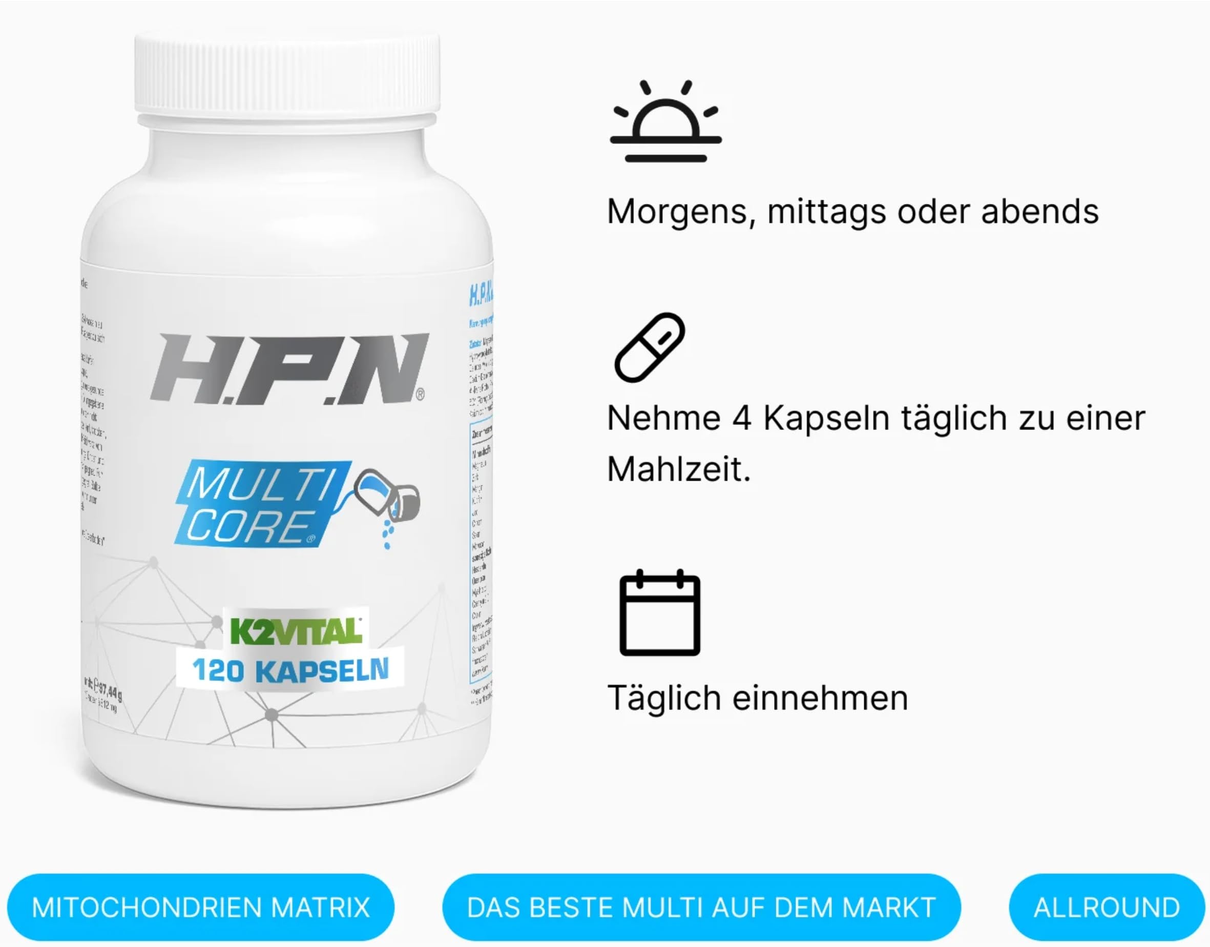 H.P.N - Multi Core | All-in-One Multivitamin mit Mitochondrien-Komplex, Quercetin, Coenzym Q10 & 30+ Mikronährstoffen zur Unterstützung von Energie, Leistung & Gesundheit - 120 Kapseln