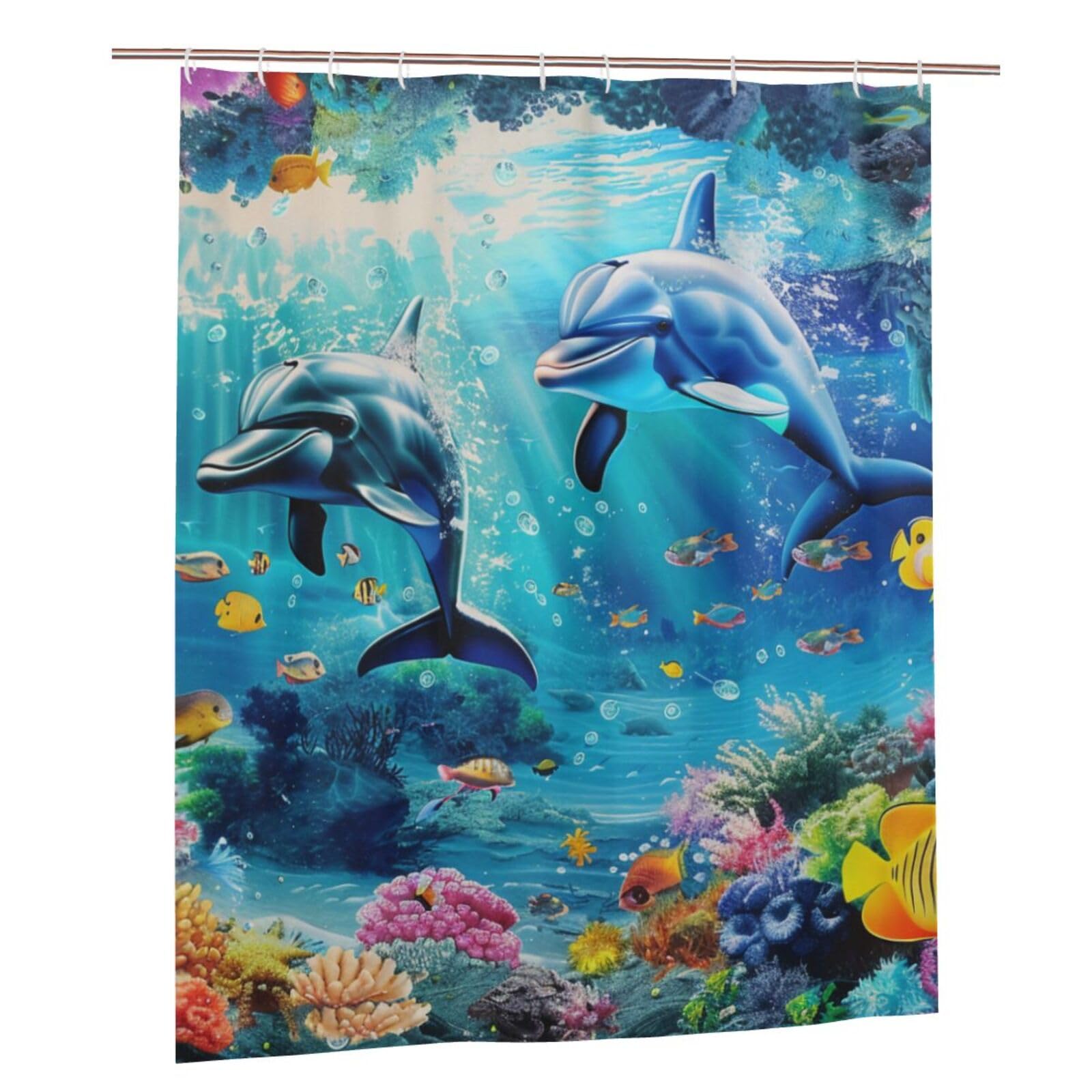 BWWHCCTI Sea Underwater Dolphin Fish Printed Shower Curtain With 12 Plastic Hooks Opaque Quick Drying Waterproof Shower Curtains Sets For Bathroom 152x183 Cm