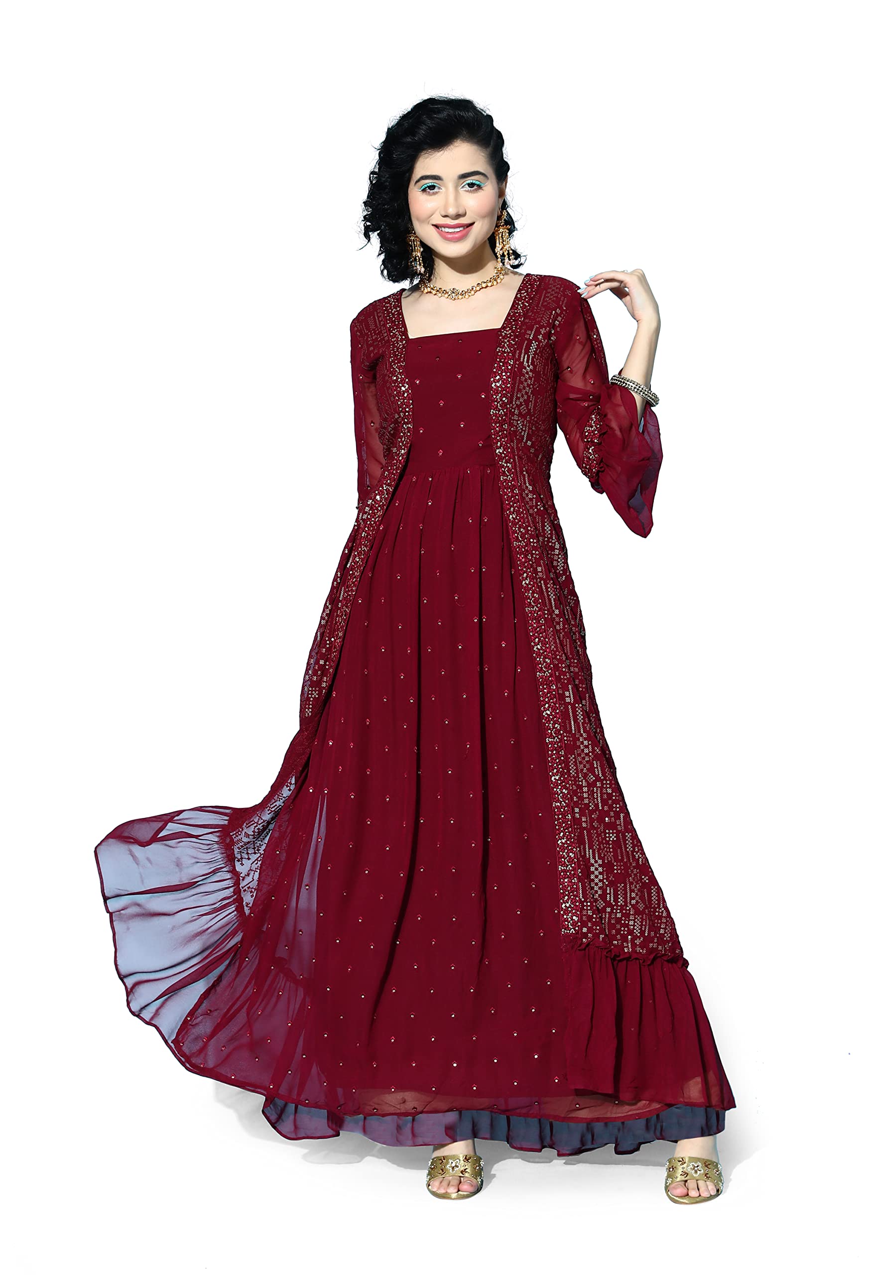 LYMI LABELGeorgette Sequence Embroidered Layered A-Line Frilled Gown