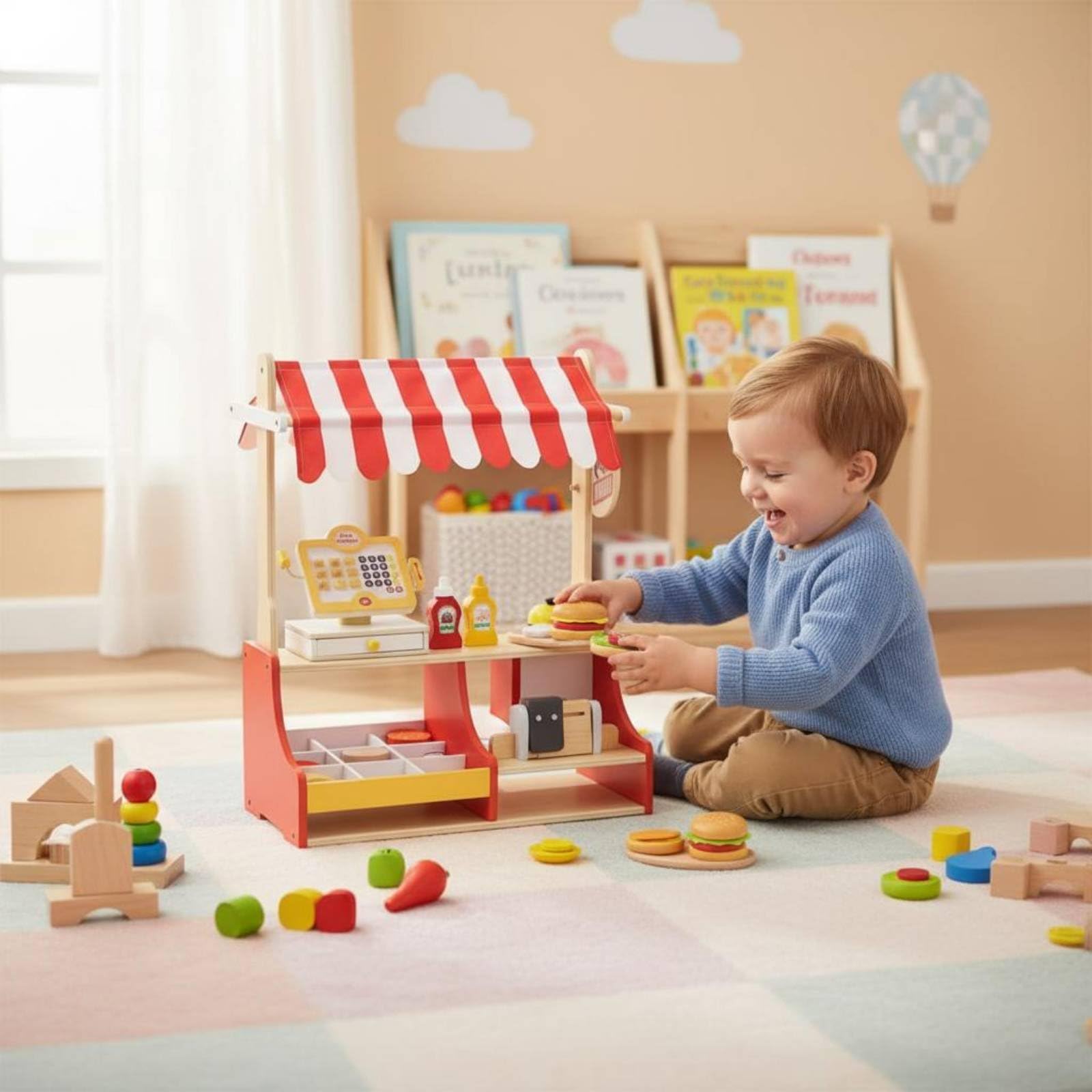 Cucina Giocattolo per Bambini Chiosco Hamburger Panini Registratore Cassa Monete Gioco Ripiani Legno Adatta per Gioco di Ruolo Ristorante Gioco Educativo Casa Aula Cameretta 52cm