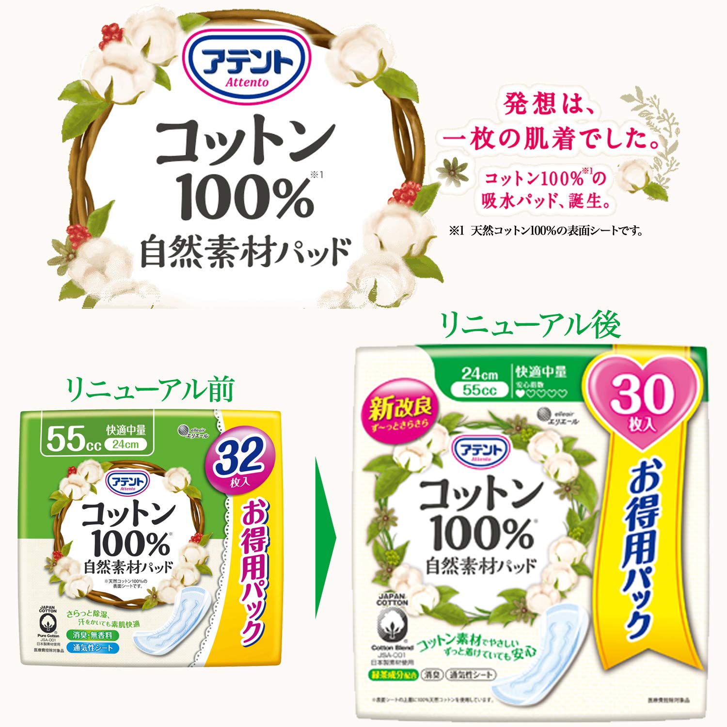 Amazon | アテント コットン 100%自然素材パッド 快適中量【大容量30枚