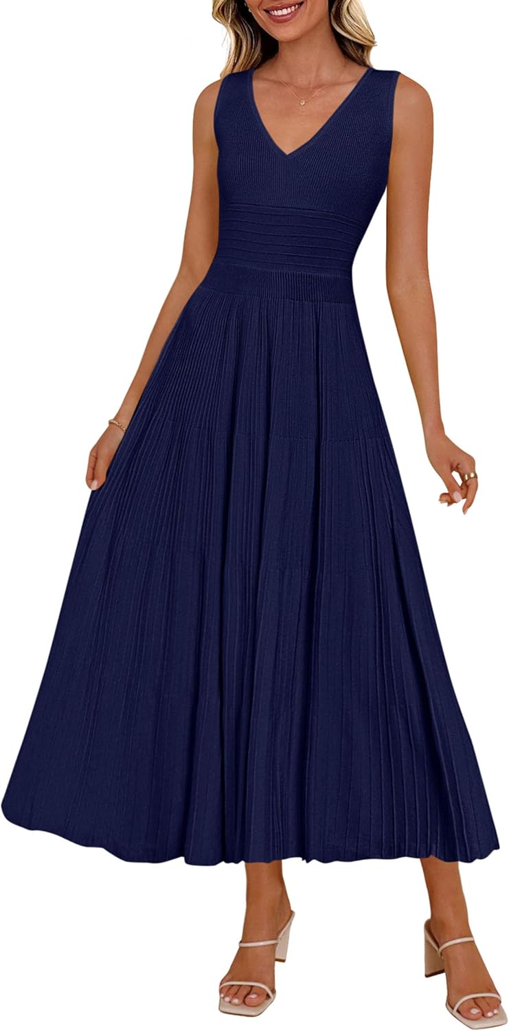 PRETTYGARDEN Summer Dresses for Women 2026 Spring Sleeveless V Neck Knit A Line Casual Midi Cocktail Wedding Guest Dress