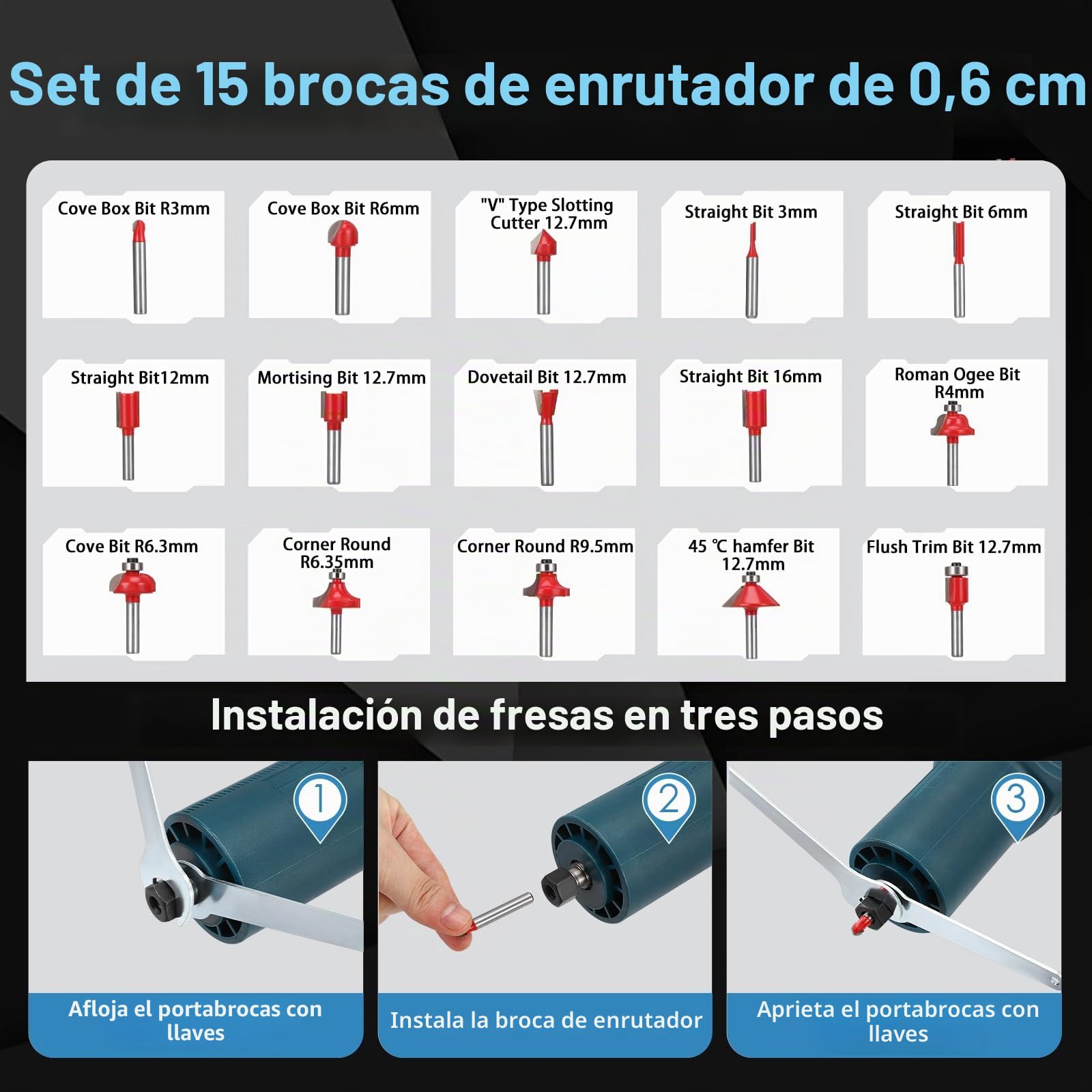Fresadora Madera Fresadora Rebajadora Eléctrica 800W, 6 Velocidades 10000-30000 RPM, Fresadora de Mano con 15 Piezas Fresas 1/4" y Caja de Madera, Pinza 6.35mm Enchufe UE Azul para Carpintería