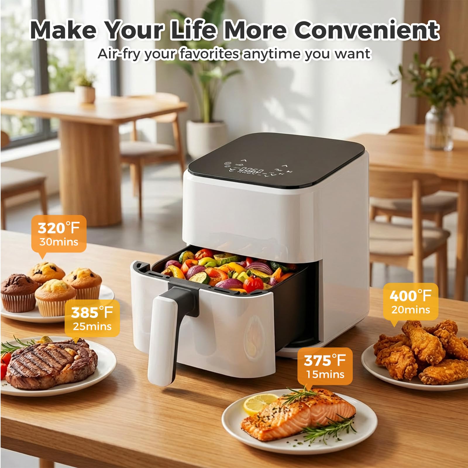 OLIXIS 3QT Air Fryer, Small Air Fryer with Digital PP Touch Panel, 400℉ Max Temp, Overheat Protection and Auto Shut-off, Nonstick and Dishwasher Safe Basket for Roast, Bake, Broil, Reheat, White view 7