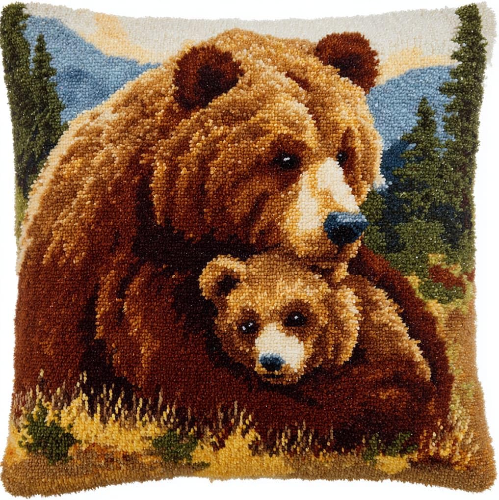 AxiangziK Latch Hook Crochet Cushion Kit,Brown Bear Mother and cub