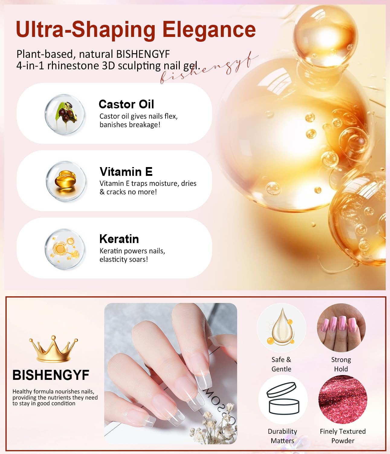 BISHENGYF 30G No Wipe 3d Nail Gel And Gold Chrome Nail Powders:Yellow/Silver Magic 6pcs Mirror Effect Pink Pearl Chrome Nail Powder,5d Embossed 3d gel for nails Art Decoration Home - Image 3