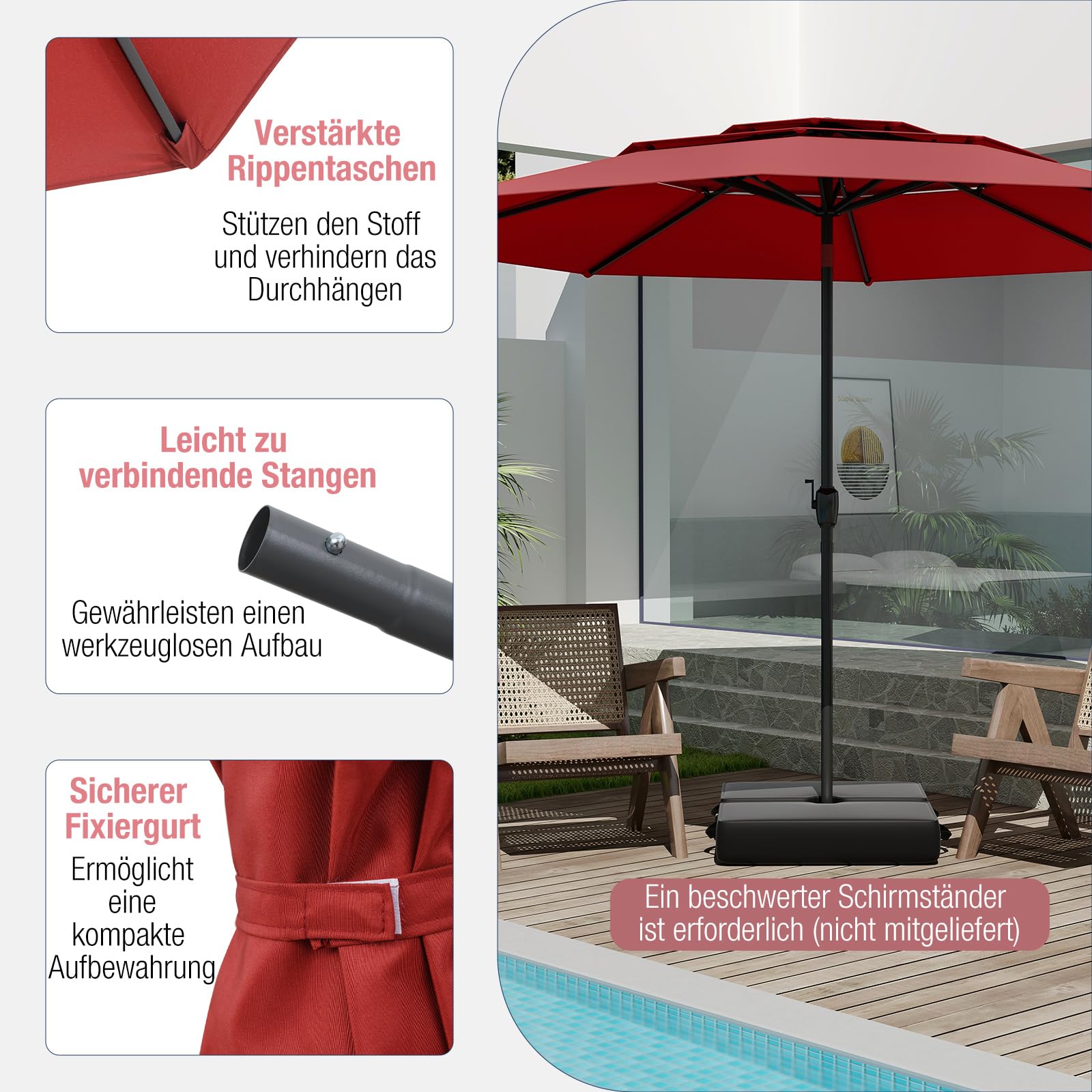COSTWAY Sonnenschirm windfest stabil, 300 cm Gartenschirm mit Kurbel, beidseitig um 30° knickbar, UV-Schutz, Terrassenschirm belüftet, Marktschirm für Terrasse, Garten, Balkon (Weinrot)