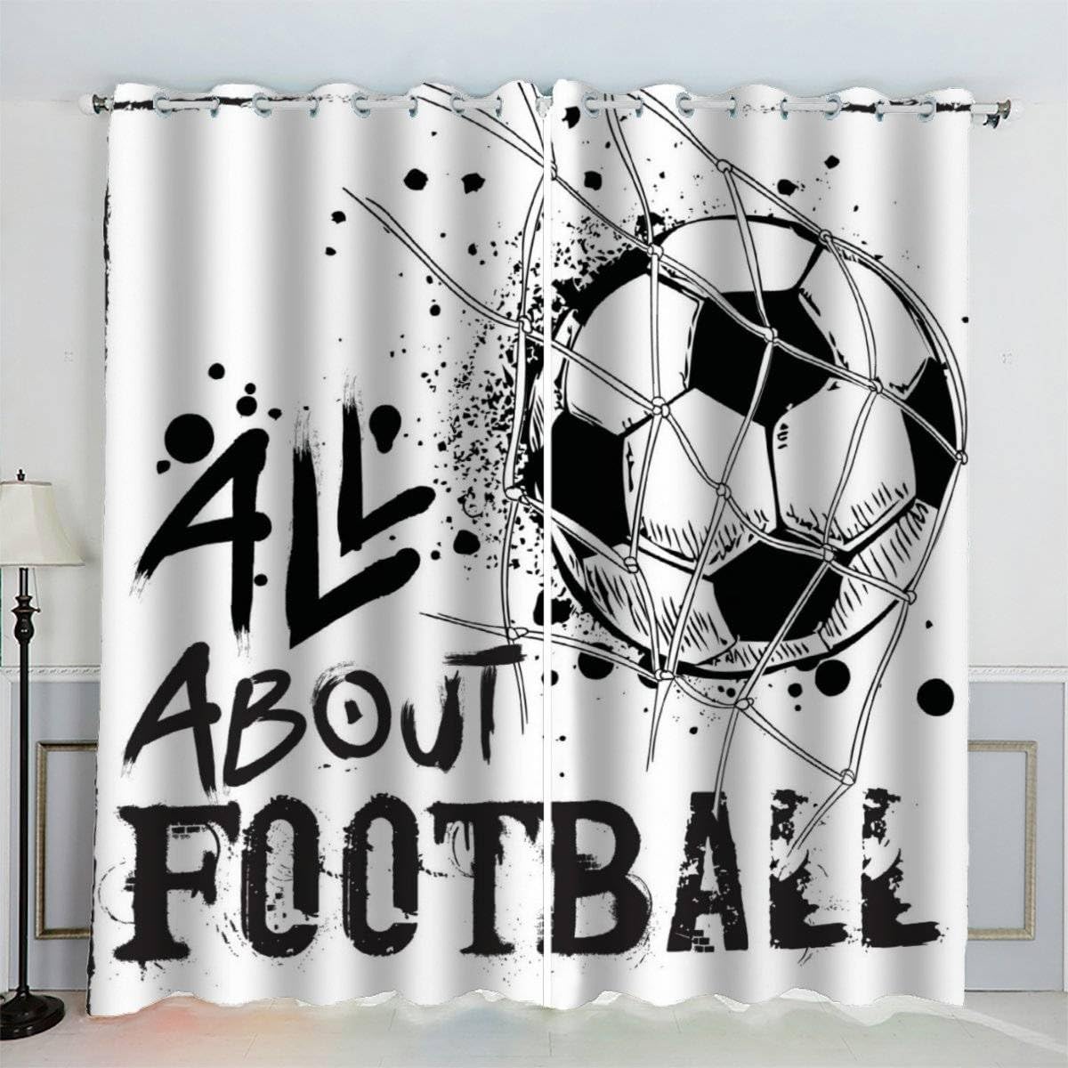 AKATIE Football Blackout Curtains 3d Art Print Black And White Football Drapes Eyelet Polyester Fabric Window Curtain for Bedroom Living Room Playroom 2 Panels (W234xL229cm)