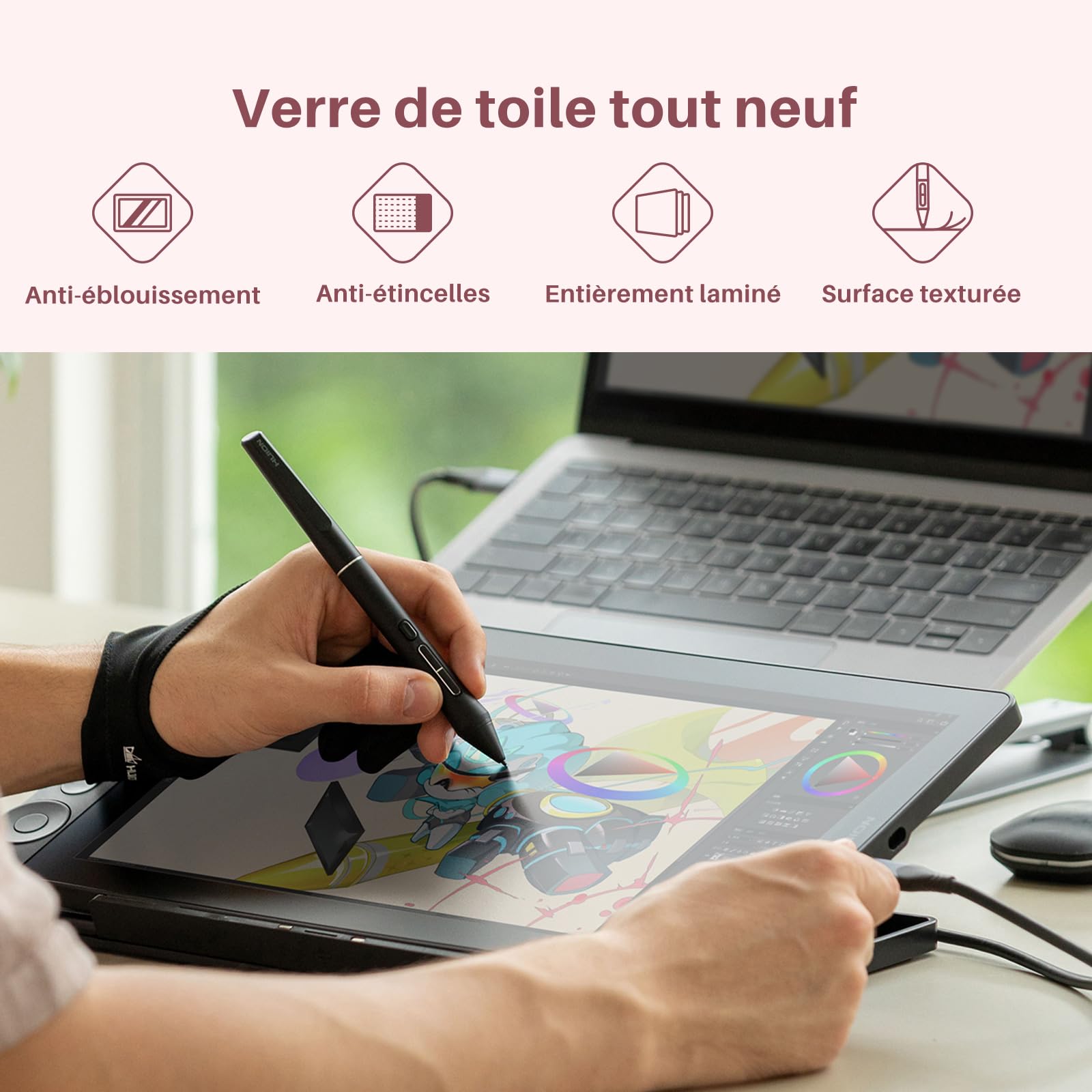 HUION Kamvas 13 Gen3 2024 Tablette Graphique avec Écran, Tablette de Dessin en Verre Canvas de 13,3", 99% sRGB, Pentech 4.0, 16384 Pression du Stylet, Doubles Cadrans, Support Réglable, Rose