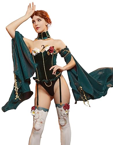 Mobbunny Women Medieval One Piece Bodysuit with Stockings and Tulle Sleeves Velvet Leotard Romper Jumpsuit Cosplay Bodysuit - Small - Green