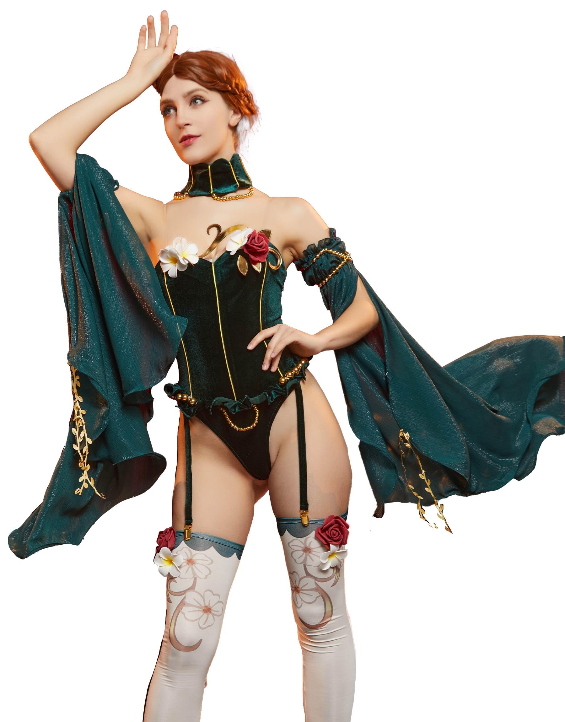 Mobbunny Women Medieval One Piece Bodysuit with Stockings and Tulle Sleeves Velvet Leotard Romper Jumpsuit Cosplay Bodysuit: Small Green