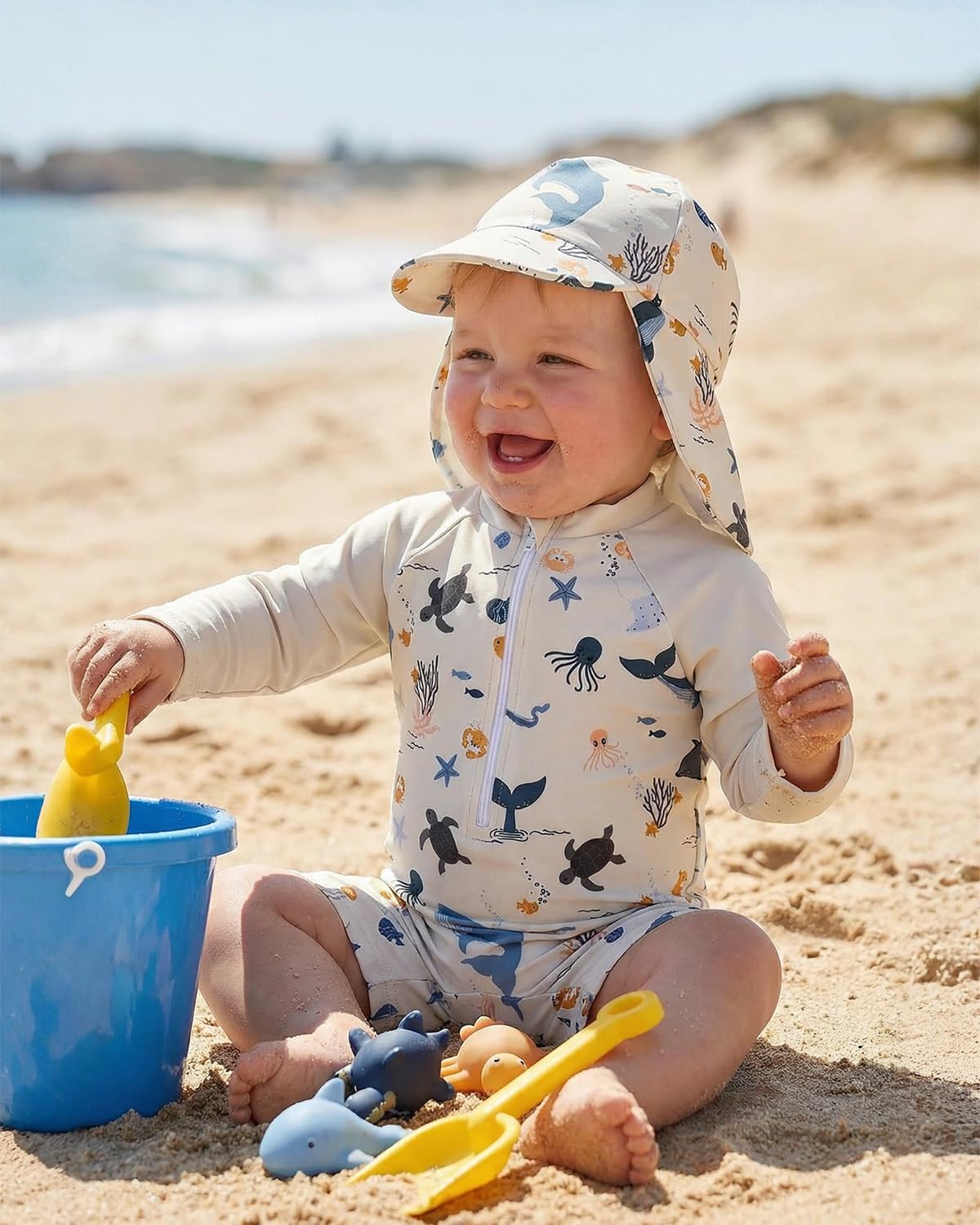 WYTbaby Jednoczęściowy kostium kąpielowy dla niemowląt, z długim rękawem, ochrona przed promieniowaniem UV, z kapeluszem przeciwsłonecznym