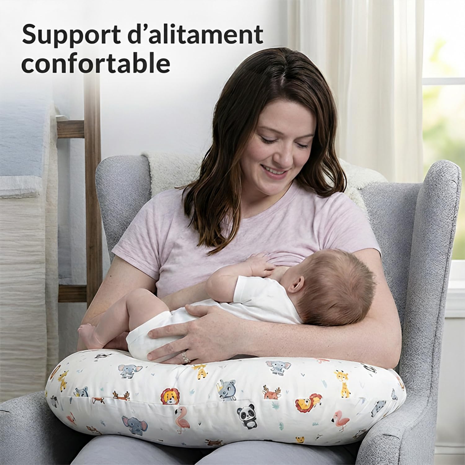 LivinEase Coussin d'allaitement pour allaitement et biberon – 100% coton certifié OEKO-TEX Coussin d'alimentation pour bébé housse lavable – Parfait pour le temps sur le ventre (Jungle)