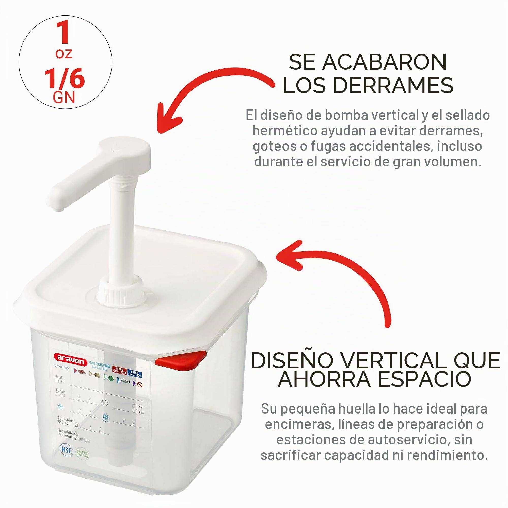 Araven RVN013 Dispensador de salsa Gn 1/6 Transparente 2.6Ltr Lavavajillas Safe Push Pump