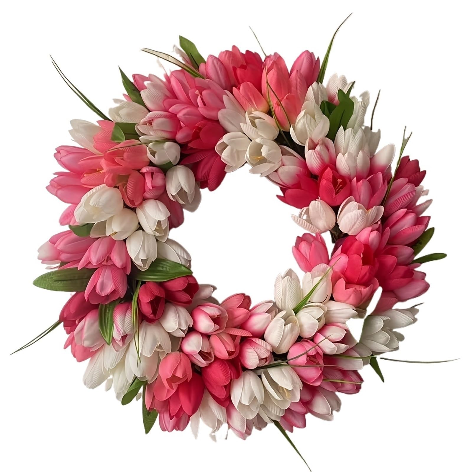 Door Wreath Pink & White Tulip Wreath - Lush Artificial Flower Garland For Home, Wedding & Outdoor Decor(Pink)