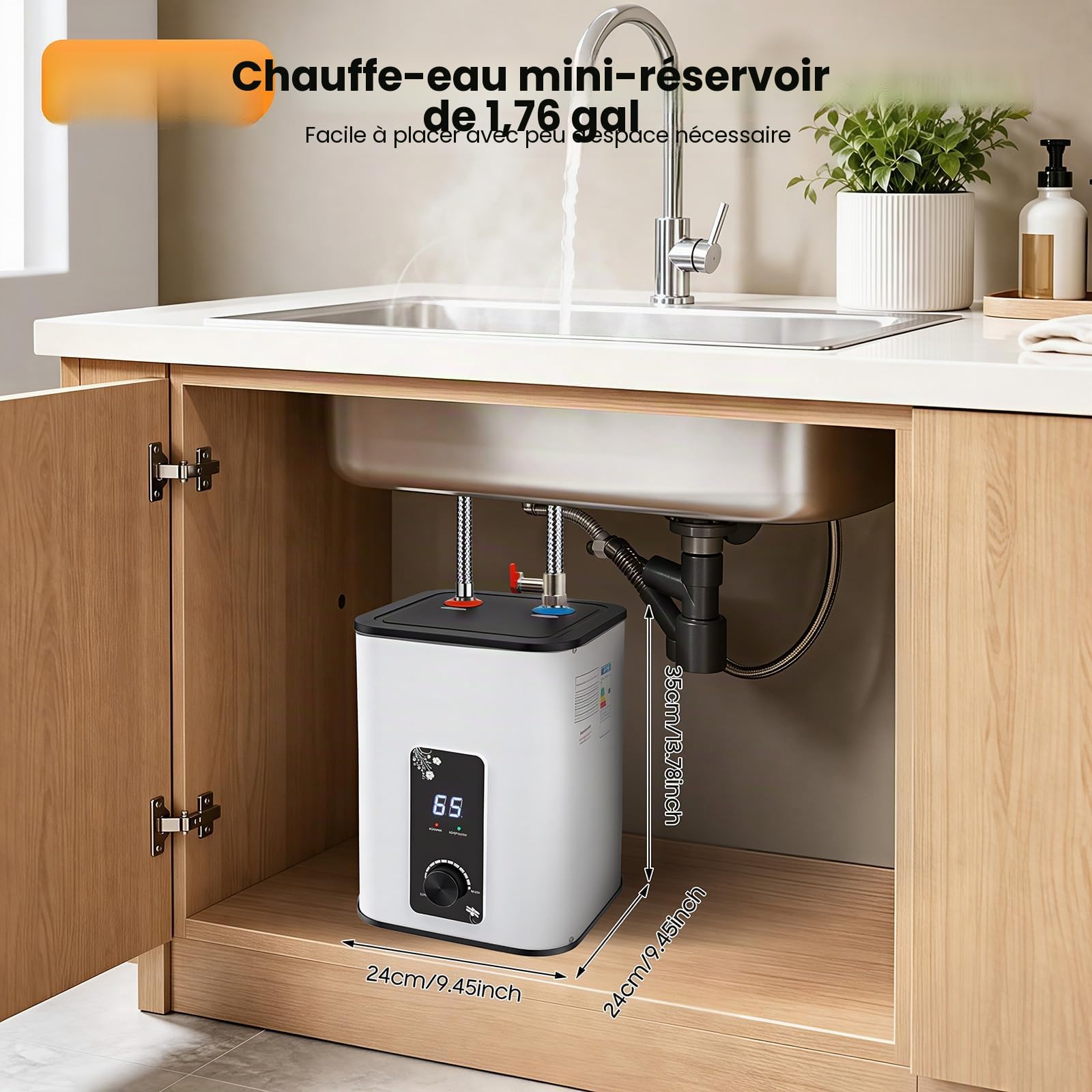 Réservoir d'eau chaude 8 l - 1500 W - Petit réservoir d'eau chaude résistant à la pression avec fonction thermostop - Chauffe-eau sous table - Température réglable de 0 à 65 °C - Pour cuisine et salle