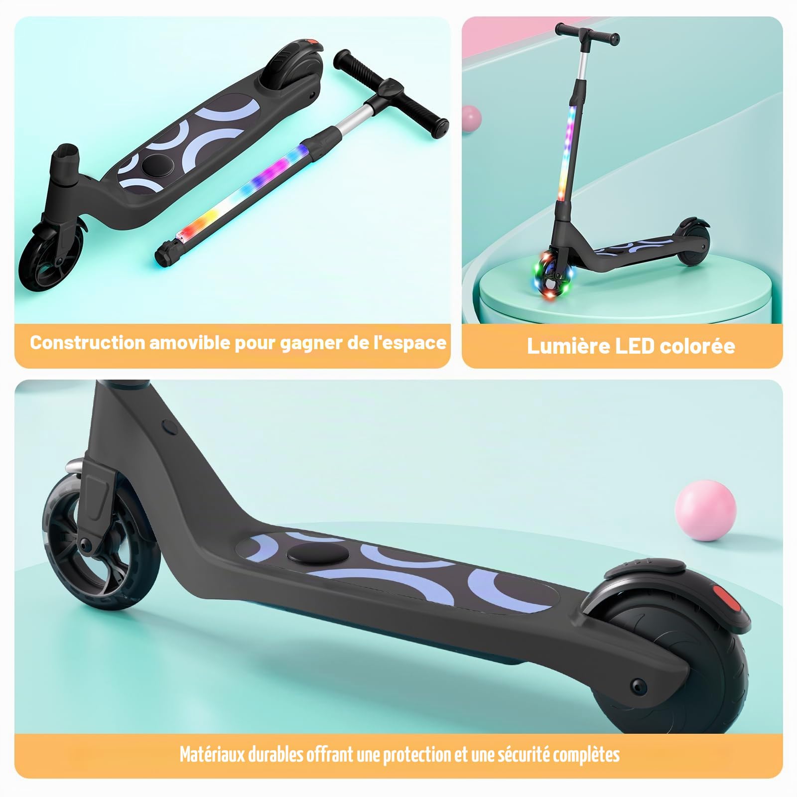 SISIGAD Trottinette électrique pour Enfants de 6 à 10 Ans, 5,3 ", avec lumières LED Clignotantes et 3 hauteurs réglables, Moteur de 45 W, Charge maximale : 70 kg