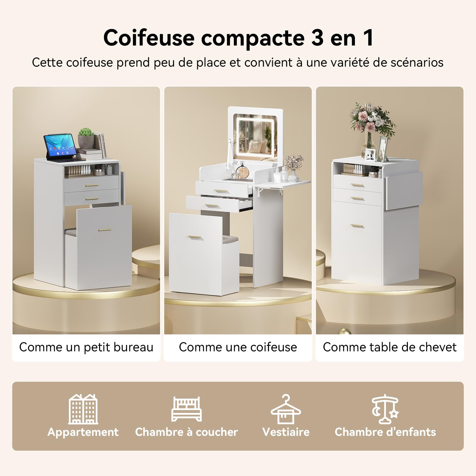 YU YUSING Coiffeuse 3 en 1 avec Miroir LED Rabattable 50-75cm, Tabouret de Rangement, 2 Tiroirs et Plateau en Verre, Table de Maquillage Gain de Place, Petite Coiffeuse en Bois, Moderne, Blanc