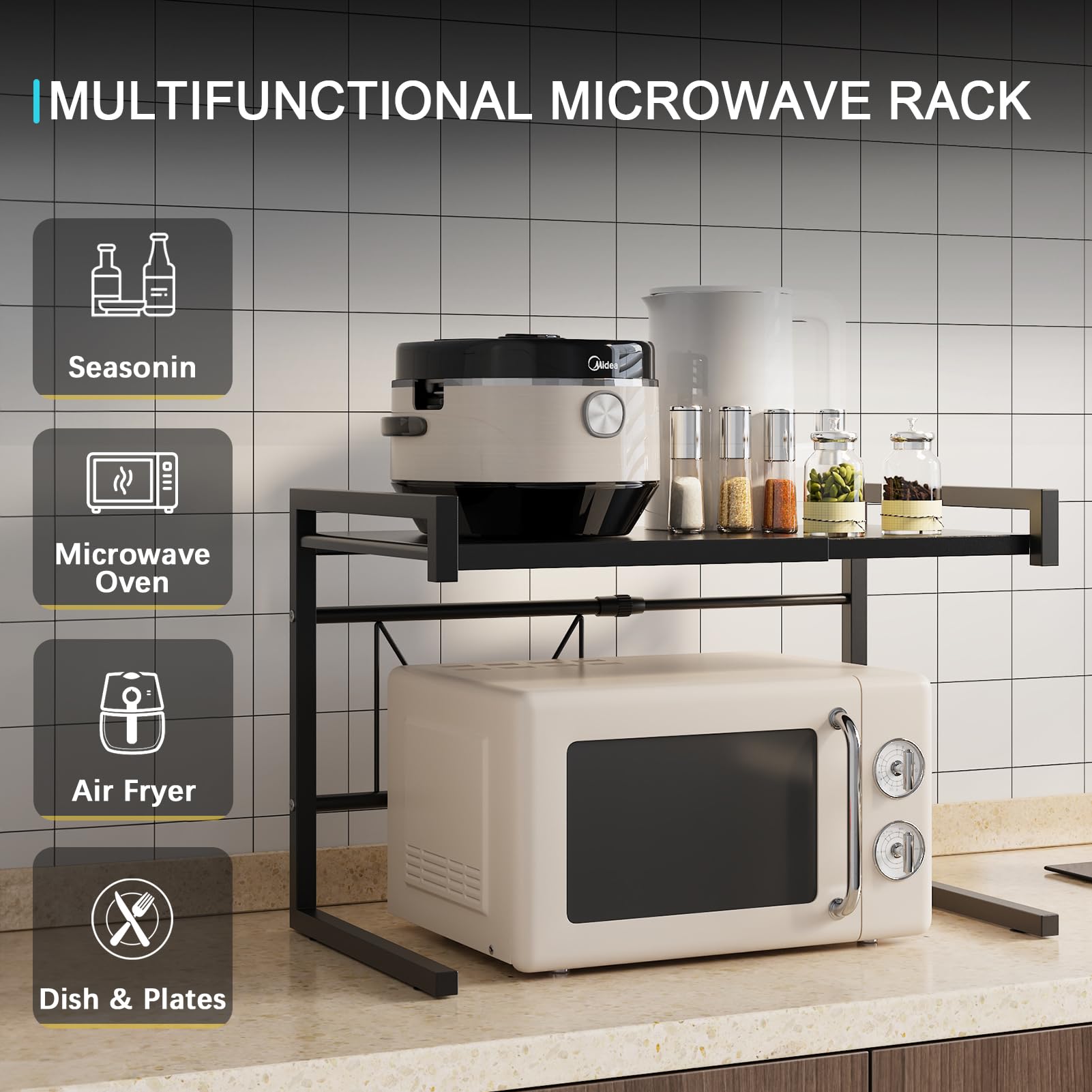 BTGGG Étagère extensible à 2 niveaux en métal pour four à micro-ondes - Support de boulanger de cuisine - Organiseur de rangement avec 4 crochets - Capacité de charge de 20 kg