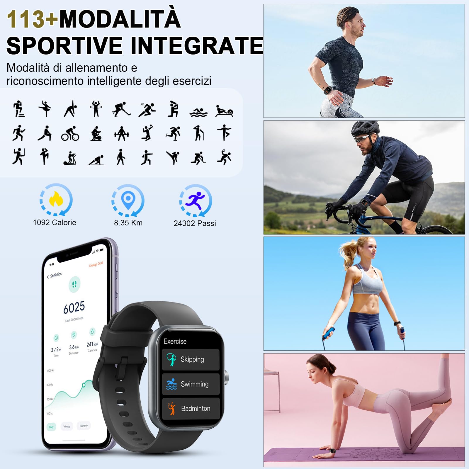 Jugeman Smartwatch Uomo Donna Chiamate Bluetooth, 1.96'' Orologio Smartwatch con Cardiofrequenzimetro/Contapassi/Sonno/SpO2, 113+ Sportive Smart Watch IP68 Impermeabile Fitness Tracker per iOS Android
