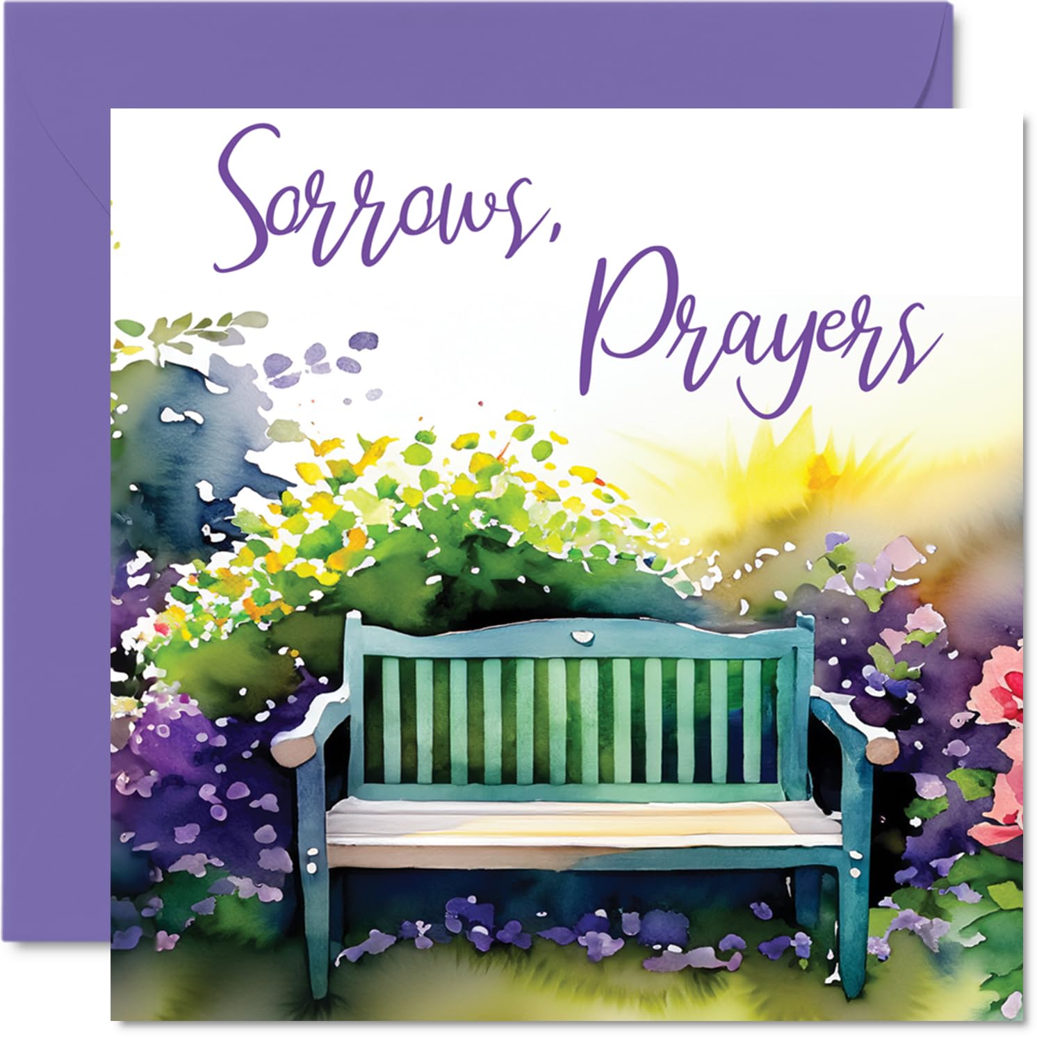 Comforting Sympathy Card - A Gentle Touch in Difficult Times - Serene Bench with Vibrant Flowers Illustration - 145mm Square, Envelope Included