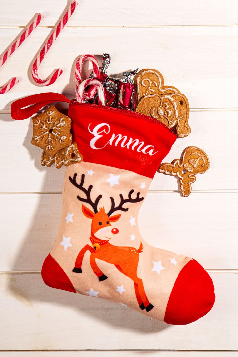 Calza Natale Personalizzata 2 In 1 - Con Nome, Cuscino E Calzino Decorativo 28x25x17 Cm, Tema Biscotto