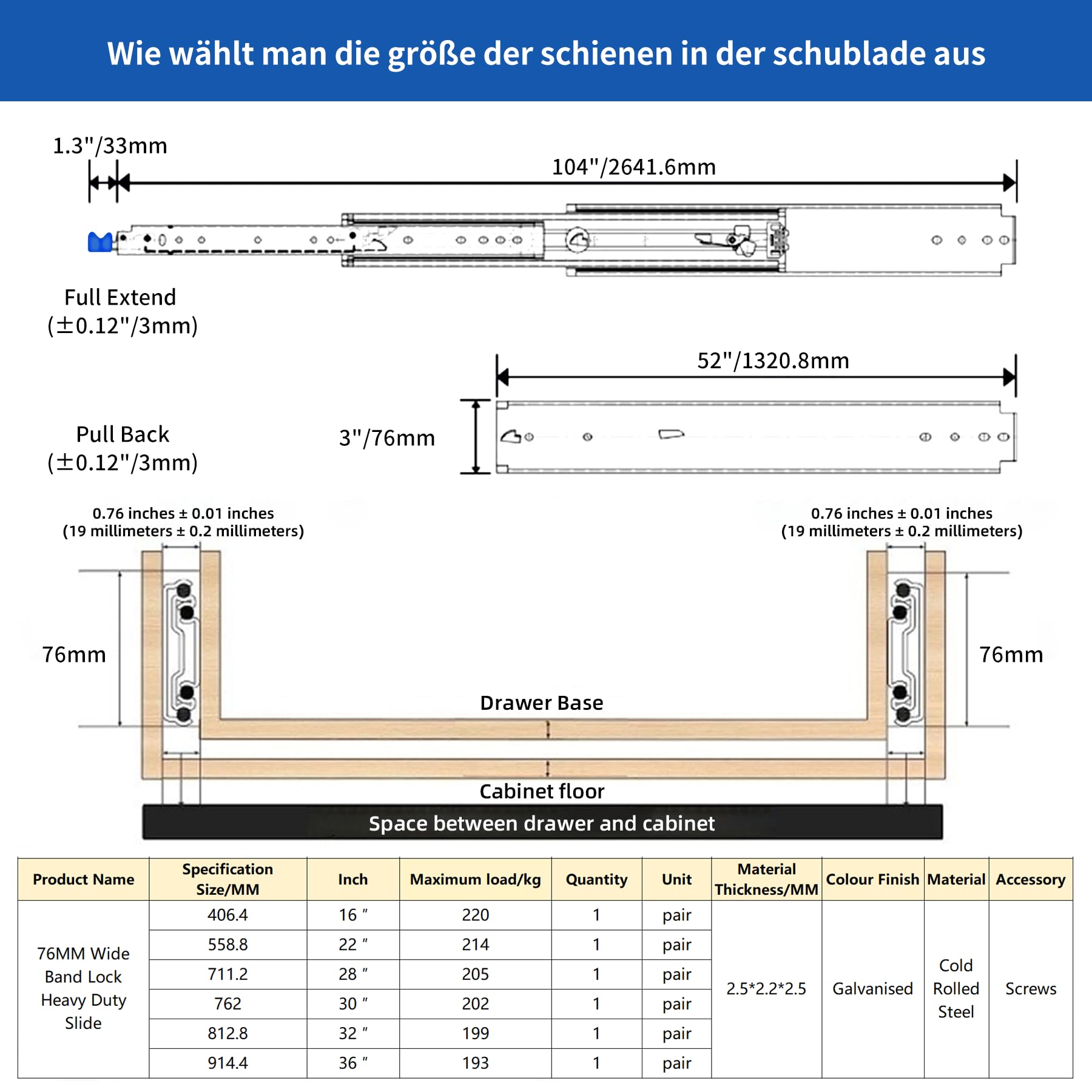 Guide per cassetti con funzione di bloccaggio, 1 paio di estrazioni per cassetti pesanti, larghezza 76 mm, adatte per camper, armadietti
