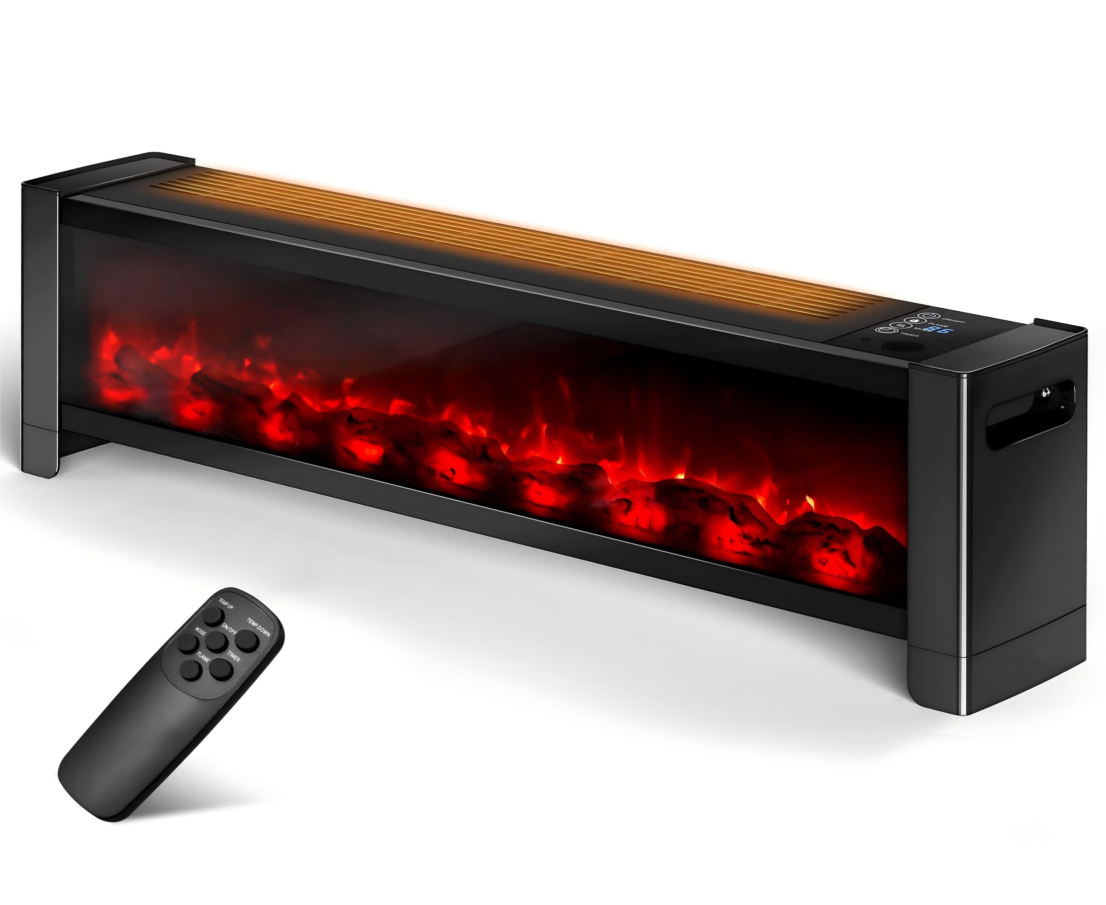 Baseboard Heater with Flame - 1000W Electric Fireplace Heater with Realistic 3D Flame Effect, Adjustable Thermostat Space Heater for Large Room, Office, Bedroom, Tip-Over & Overheat Protection