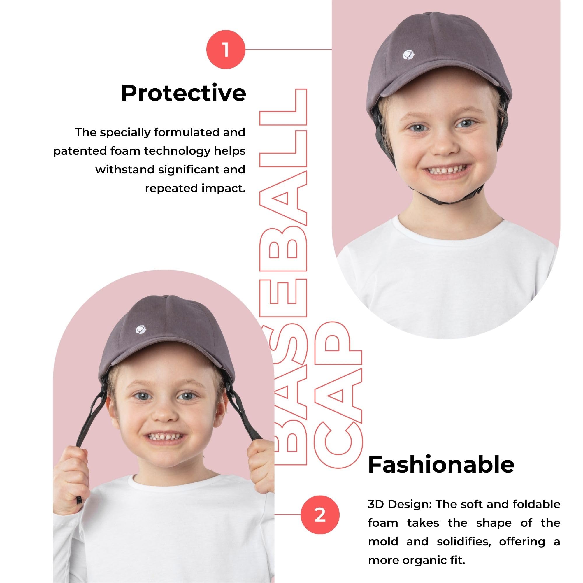 Ribcap Kask medyczny dla dzieci, styl czapki z daszkiem z paskiem na podbródek, rozmiar M / maxi 51–56 cm, wyściełany kask ochronny dla dzieci, kask z napadami padaczki, modny i bez piętna