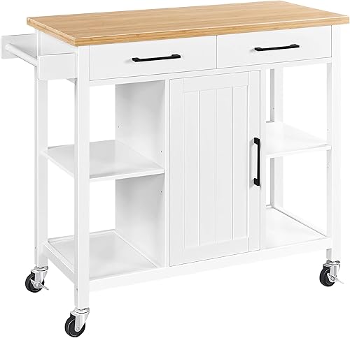 Topeakmart Isla de cocina con encimera y cajones de bambú, carro de cocina con armario de almacenamiento y barra de torre en ruedas con bloqueo,