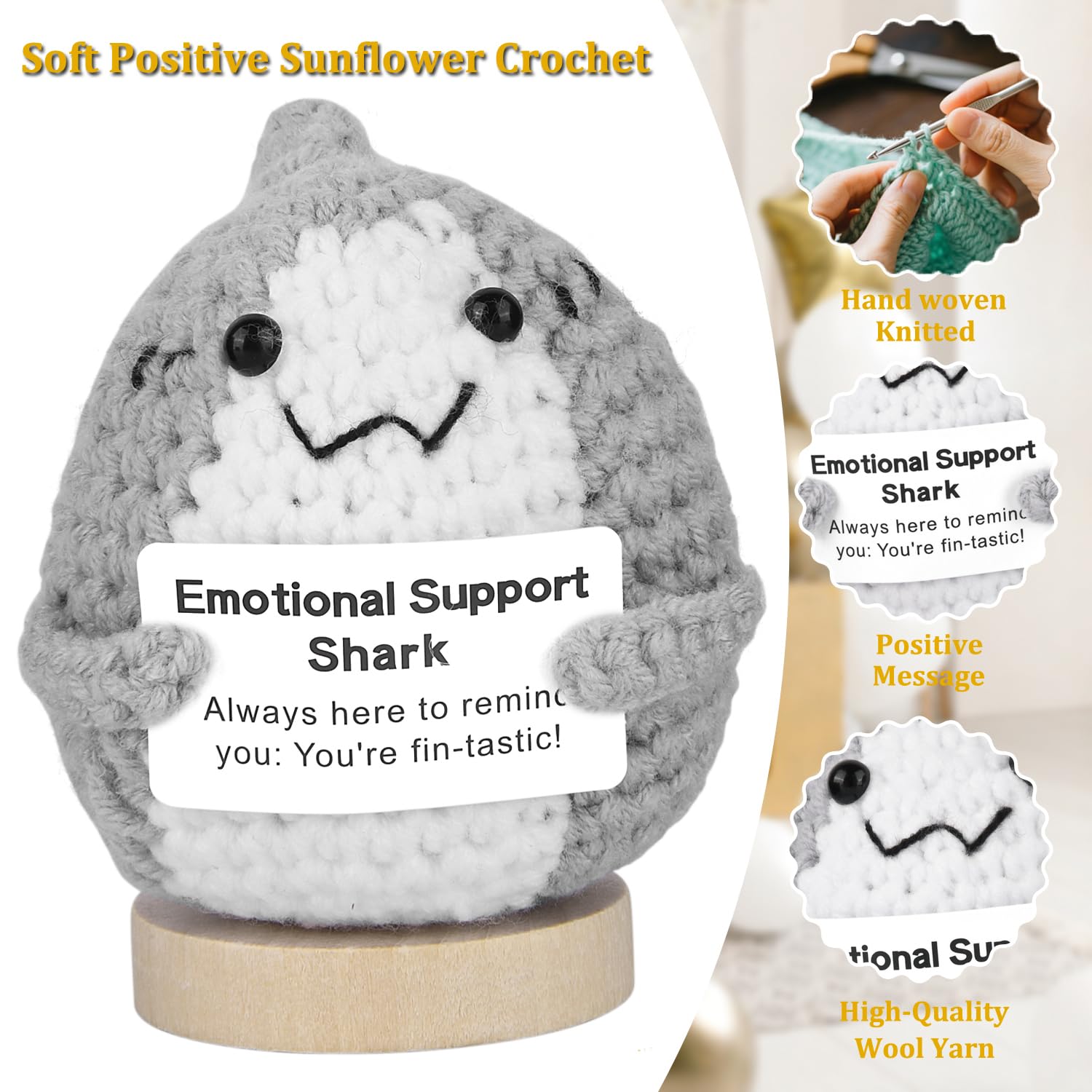 Positive Crochet Animals Shark,Birthday Gift for Shark Enthusiasts,Handmade Women Men and Friends,Emotional Support Inspirational Encouraging Gift