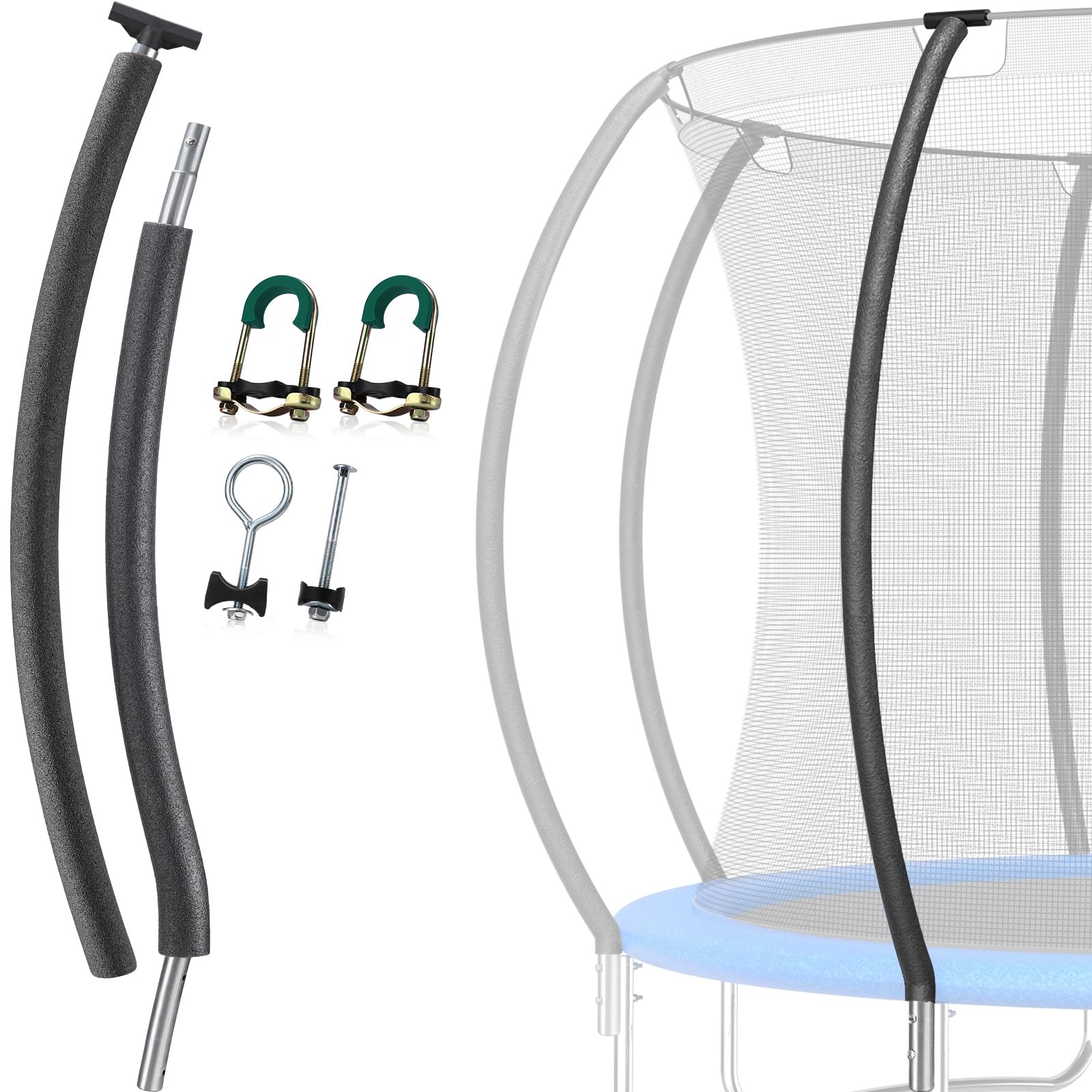 Juego de postes curvados de repuesto para cama elástica – 1 barra de seguridad superior y 1 inferior de ajuste universal para 2,4 – 4,8 m, incluye postes de red acolchados de espuma con conector en T