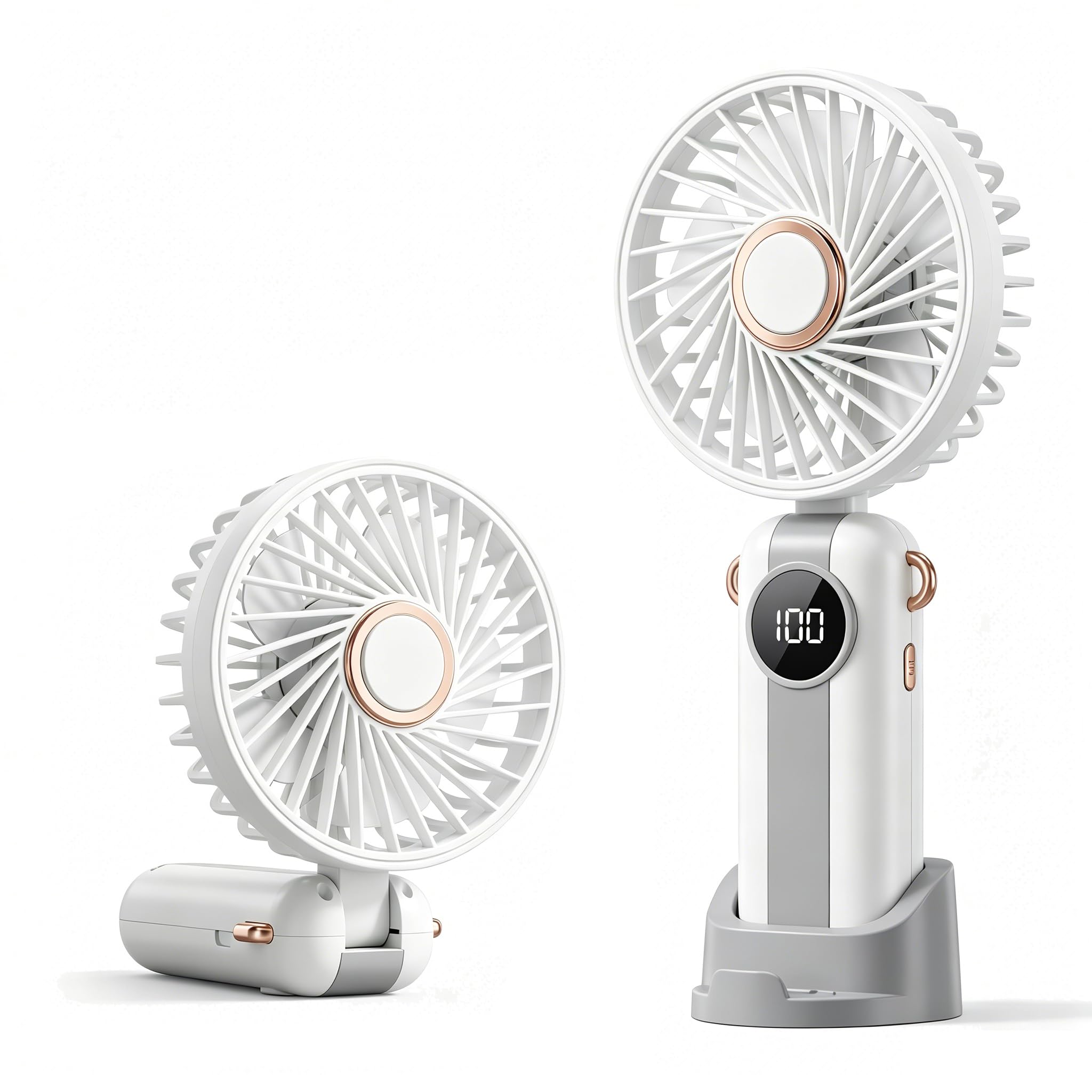 SINJAETRQ Hand Held Fan,Portable Handheld USB Rechargeable Fans with 5 Speeds,Battery Operated Mini Fan Foldable Desk Desktop Fans with LED Display for Home Office Bedroom Outdoor Travel (White)