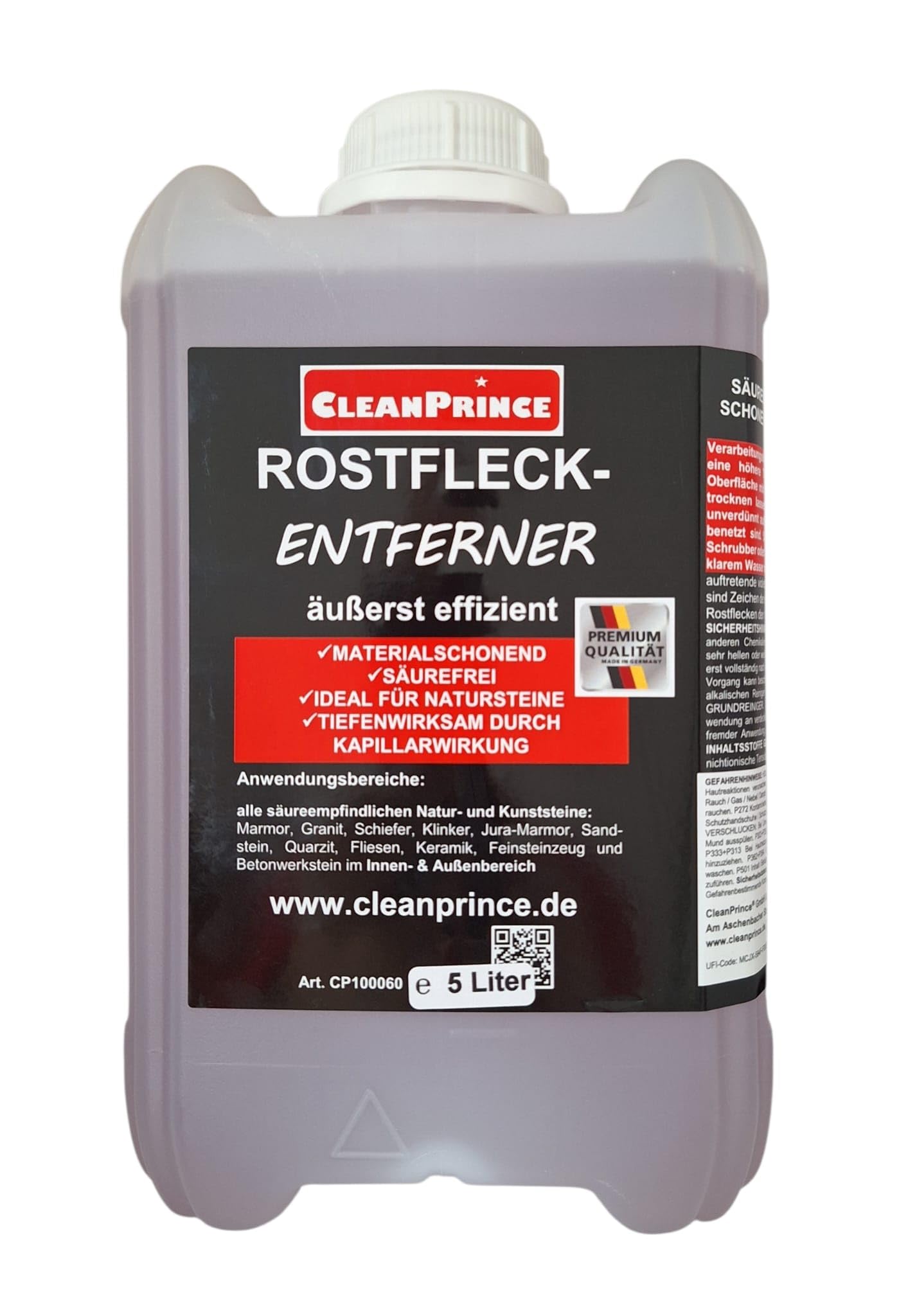 CleanPrince Manchas de Óxido - Eliminador 5 Litros Removedor Moho Limpiador Mármol Pizarra Clinker Piedra Arena Cuarcita Baldosas Cerámica Hormigón Libre Ácido