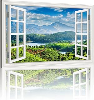 Nature Theme Canvas Print Wall Art Window View Landscape Green Trees Mou...