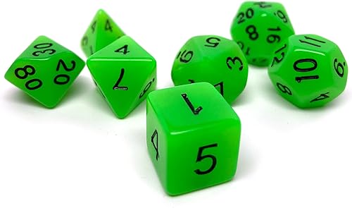 Resplandor en la oscuridad juego de dados de poliedral 7 piezas juego de dados con uno D20, D12, D10, D8, D6, D4 y D00 (verde con fuente negra)