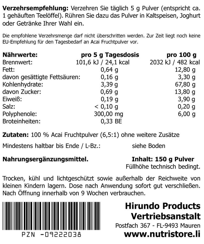 Acai Beeren Fruchtpulver 150 g - 100% reines Fruchtpulver reich an natürlichen Antioxidantien