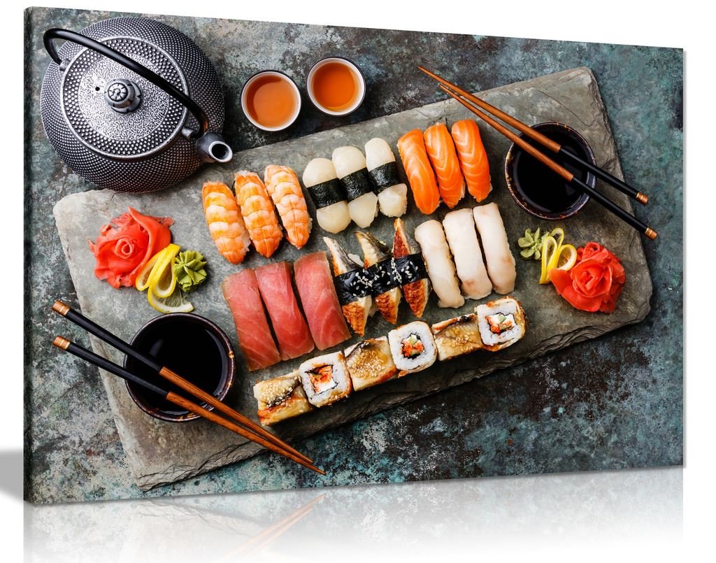 Panther Print Multicoloured Japanese Sushi Rolls Restaurant Food Canvas Wall Art Picture Print (24X16)