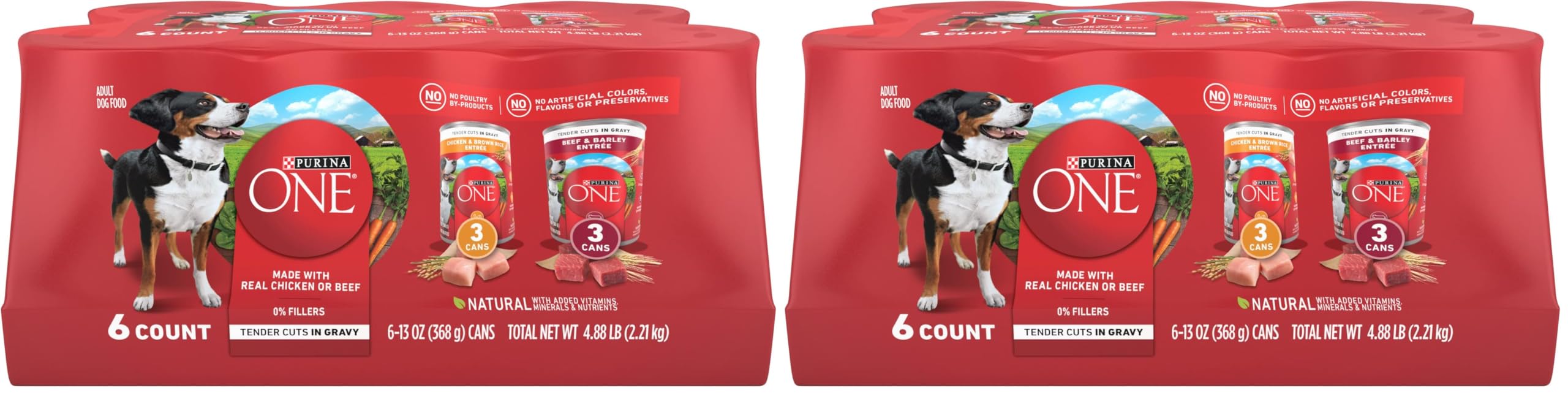 Purina ONE Tender Cuts in Gravy Chicken and Brown Rice,and Beef-and Barley Entrees Wet Dog Food Variety Pack - 13 oz. Cans,(Pack of 4)