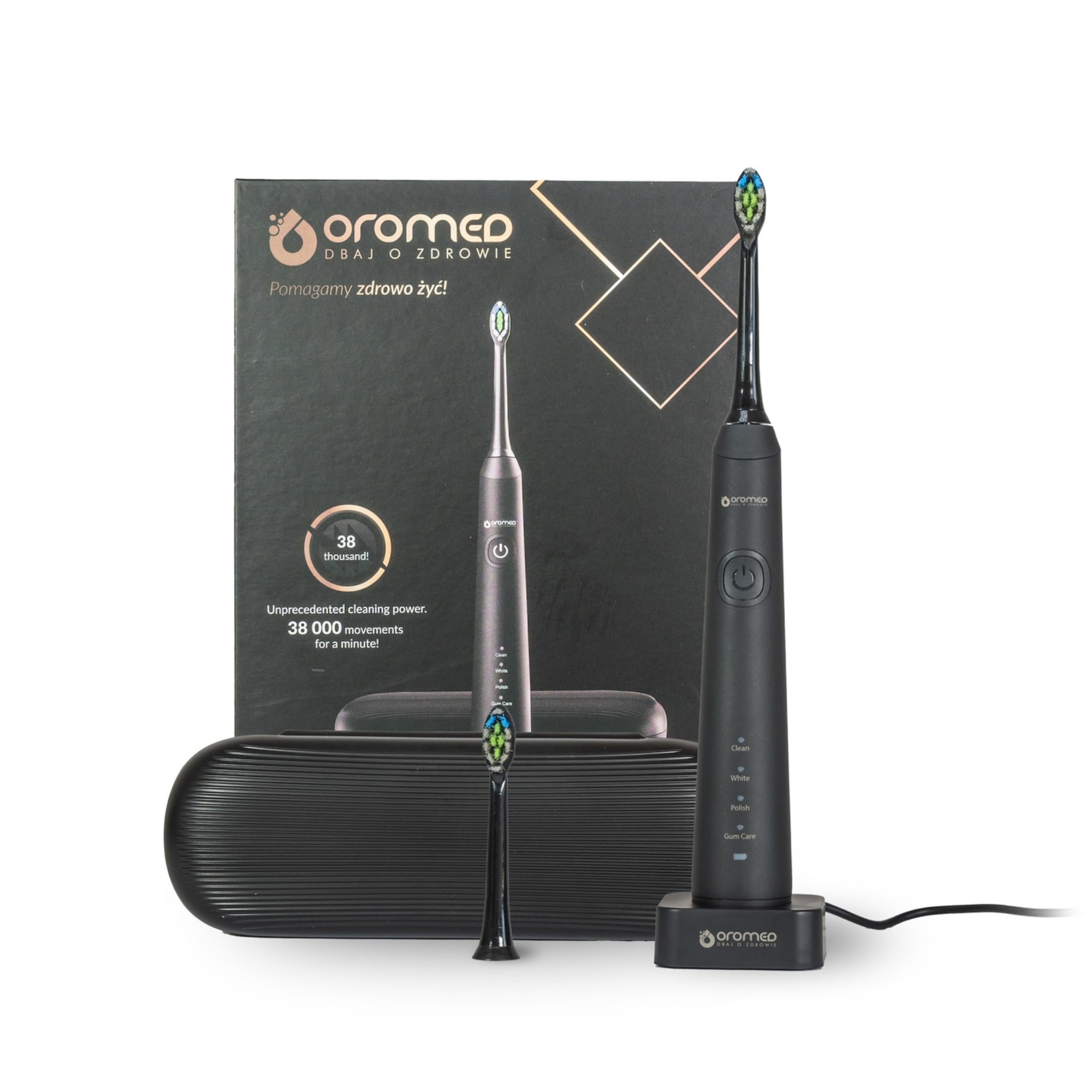 OROMED ORO-SONIC PROFESSIONAL Schallzahnbürste, elektrisch mit 38.000 Vibrationen/Min., 2000 mAh Akku bis 360 Min., LED-Display, mehrere Reinigungsmodi, IPX7 wasserdicht, Schwarz