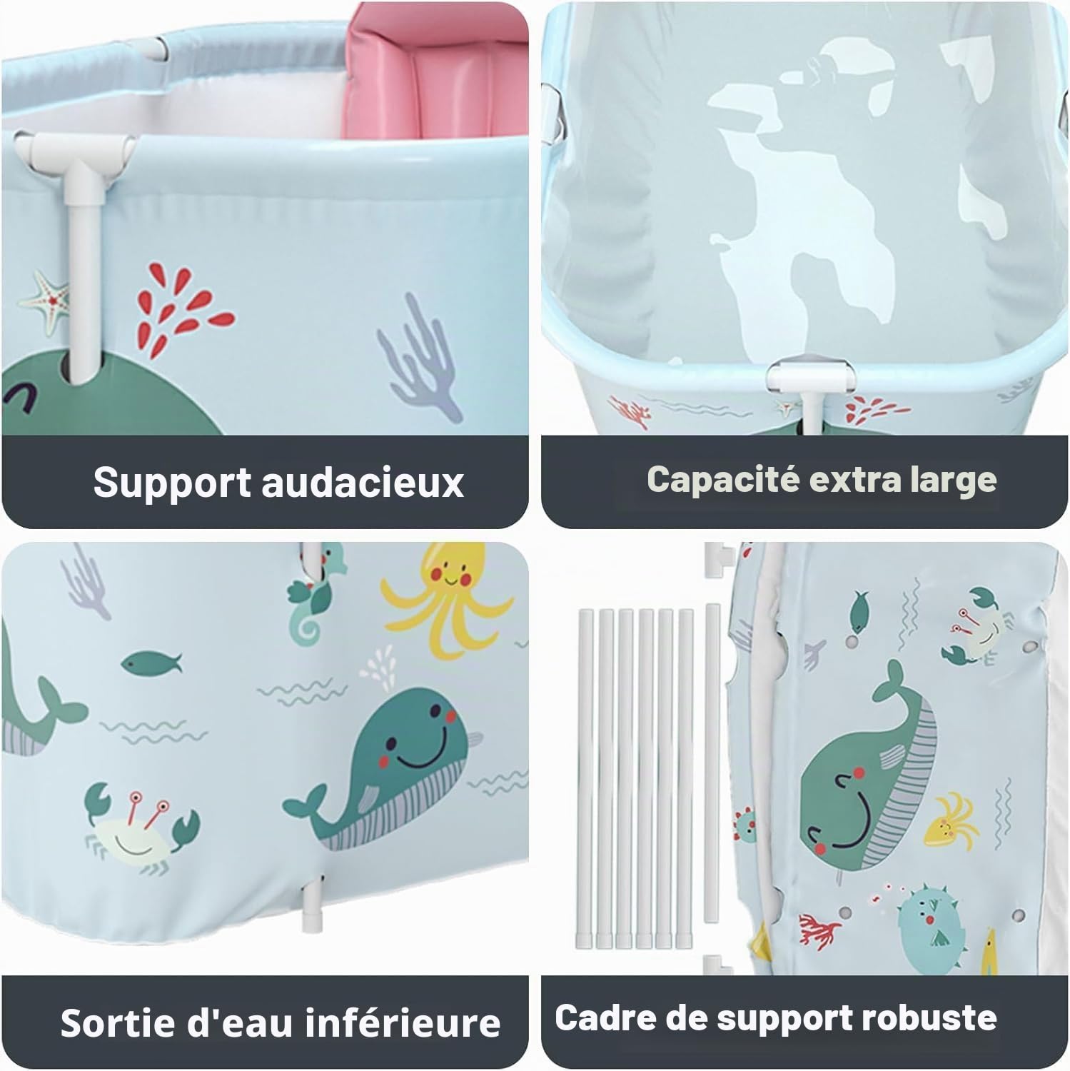 SOONHUA Baignoire portable pliable pour adultes et sur pied avec coussins pour intérieur et extérieur, spa chaud, bain de glace, 140 x 55 x 50 cm
