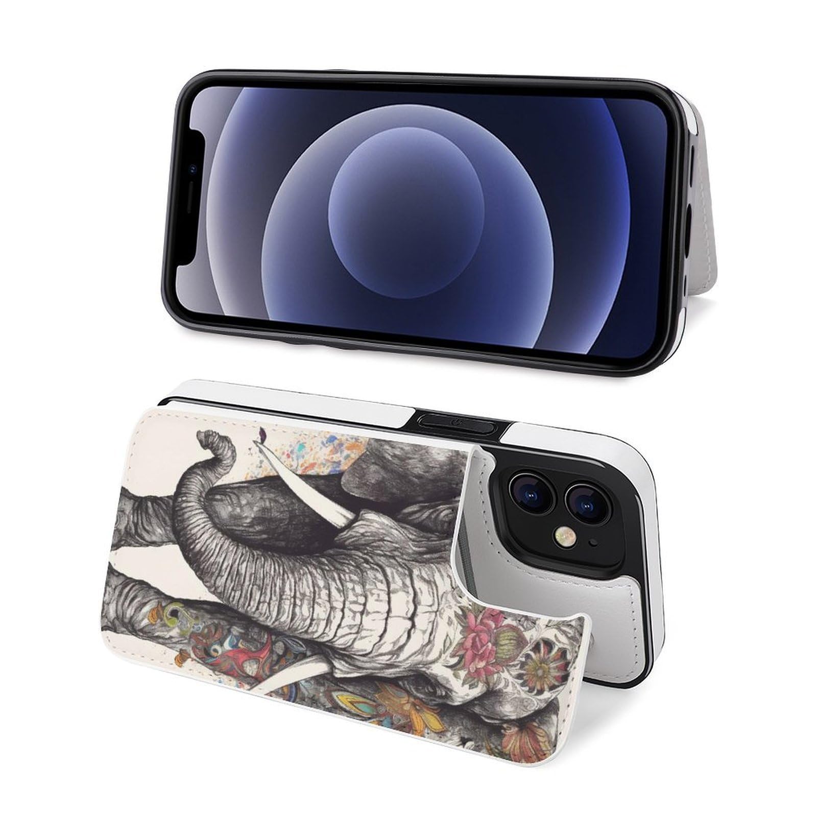 Funda tipo cartera para iPhone 12 Mini, diseño de elefantes, de piel, con ranuras para tarjetas