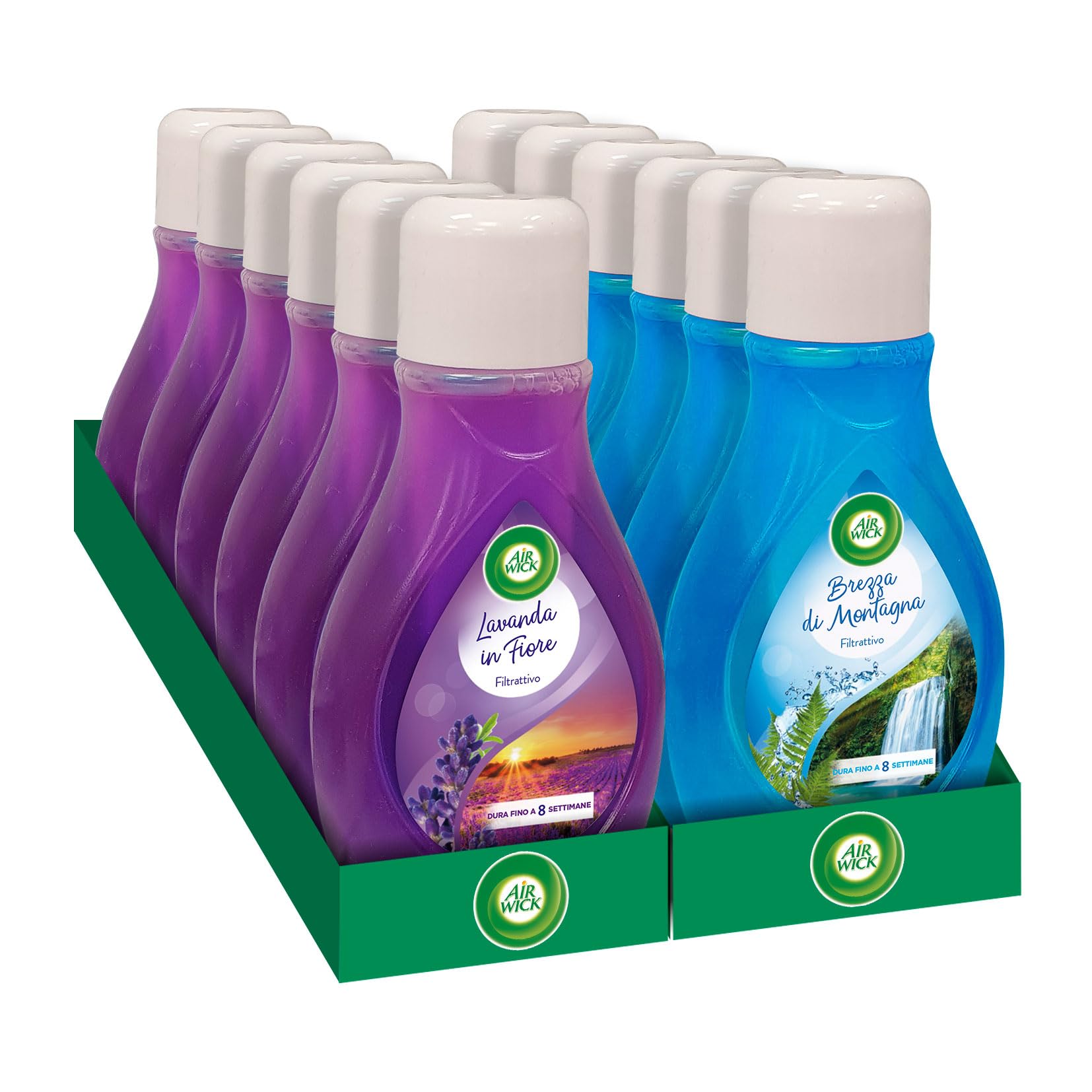 Air Wick Deo Filtro Attivo - 12 unità da 375 ml, 6 Lavanda in Fiore, 6 Brezza di Montagna
