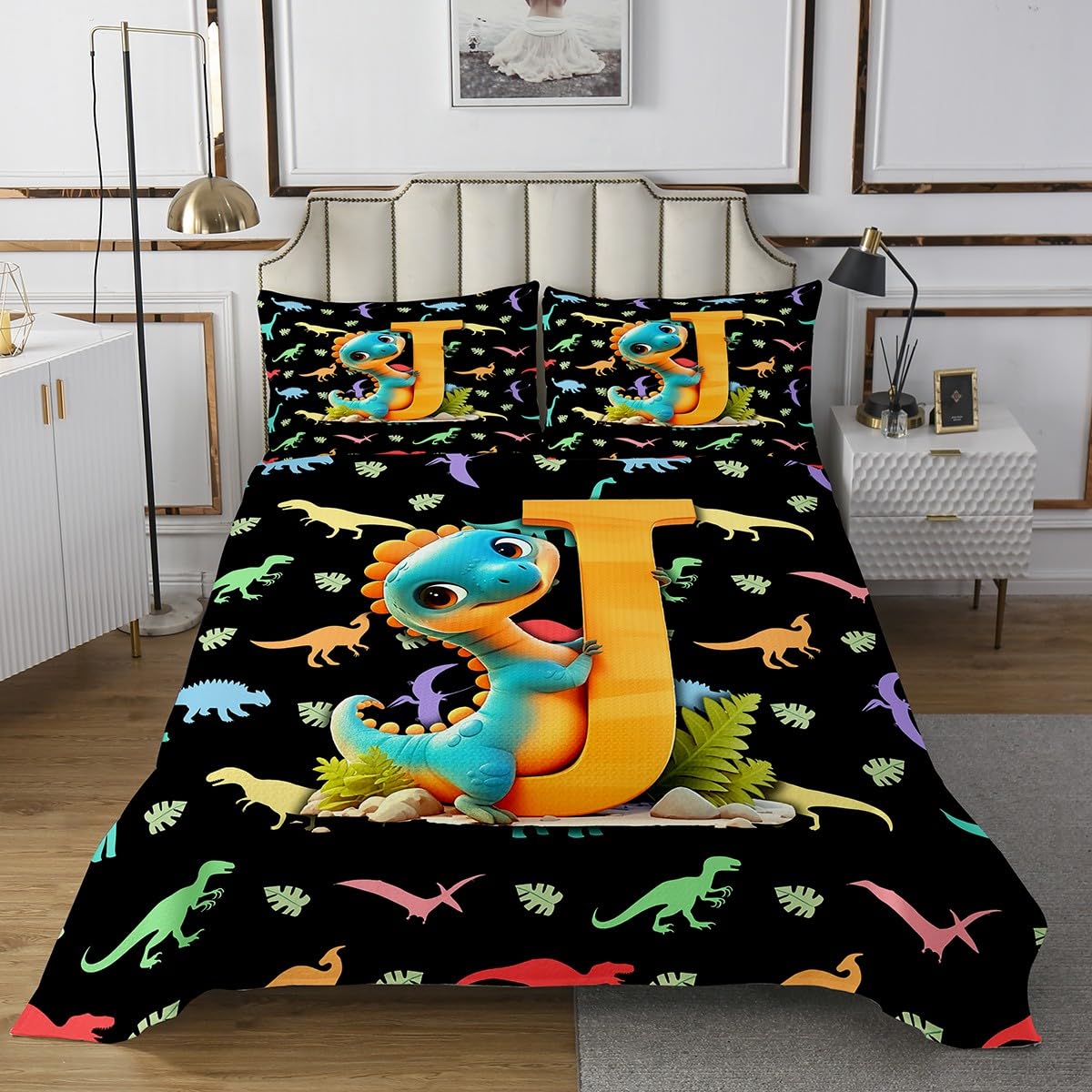 Manfei Cartoon Dinosaur Kids Bedspread King Size,3D Initial Letter J Alphabet Coverlet Set,Boys Girls Room Decor,Palm Leaf Kawaii Dino Wild Animal Quilted Coverlet,Black Bedding Quilt,2 Pillowcases