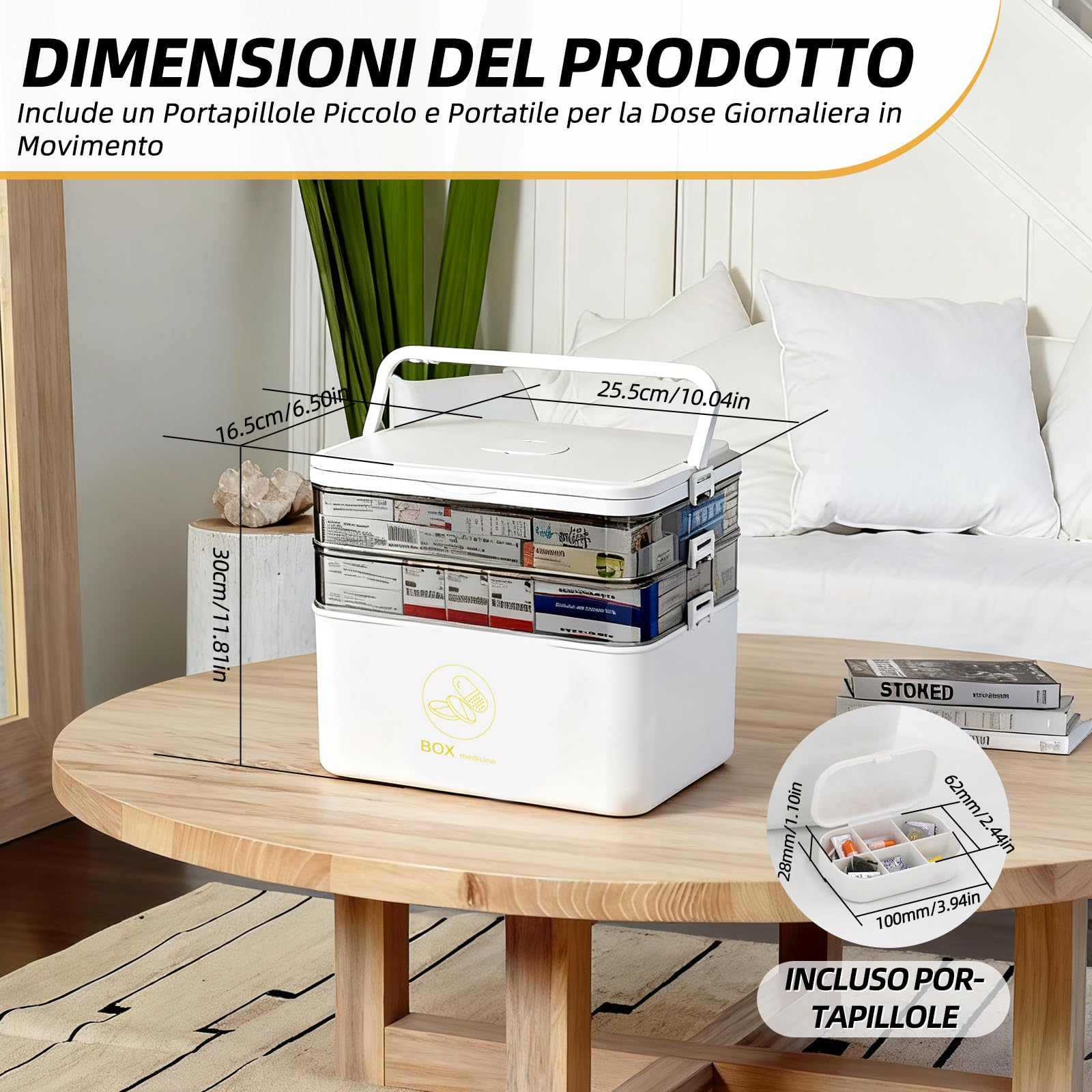 Grande scatola per medicinali a tre strati con maniglia per il trasporto, kit di pronto soccorso, scatola multifunzione portatile, adatta per l'organizzazione di farmaci, materiale di primo soccorso e