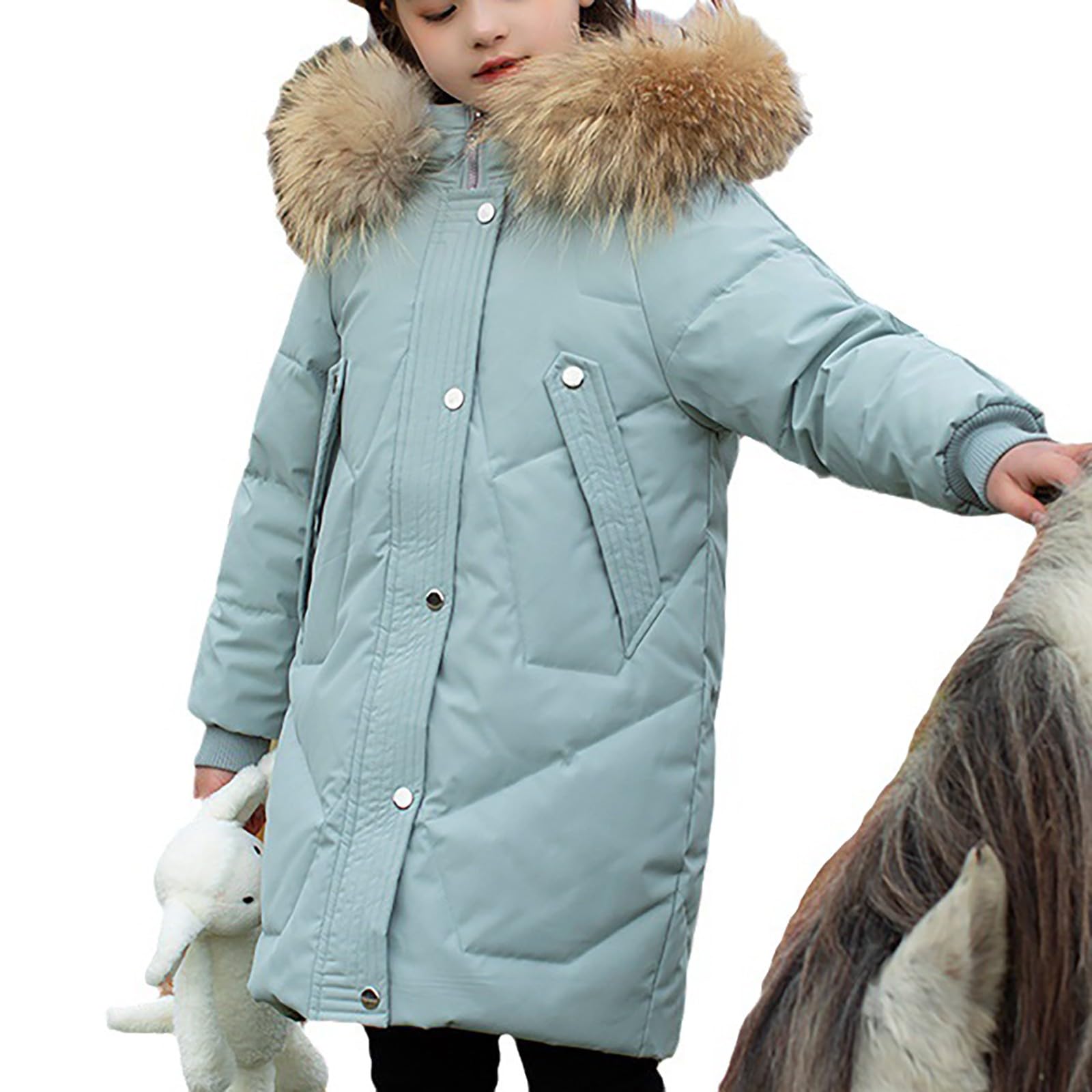 Cappotti invernali per bambini e ragazze, piumino lungo, spesso, caldo, impermeabile, parka con cappuccio, con cerniera, con bordo in pelliccia sintetica, cappotto imbottito di media lunghezza