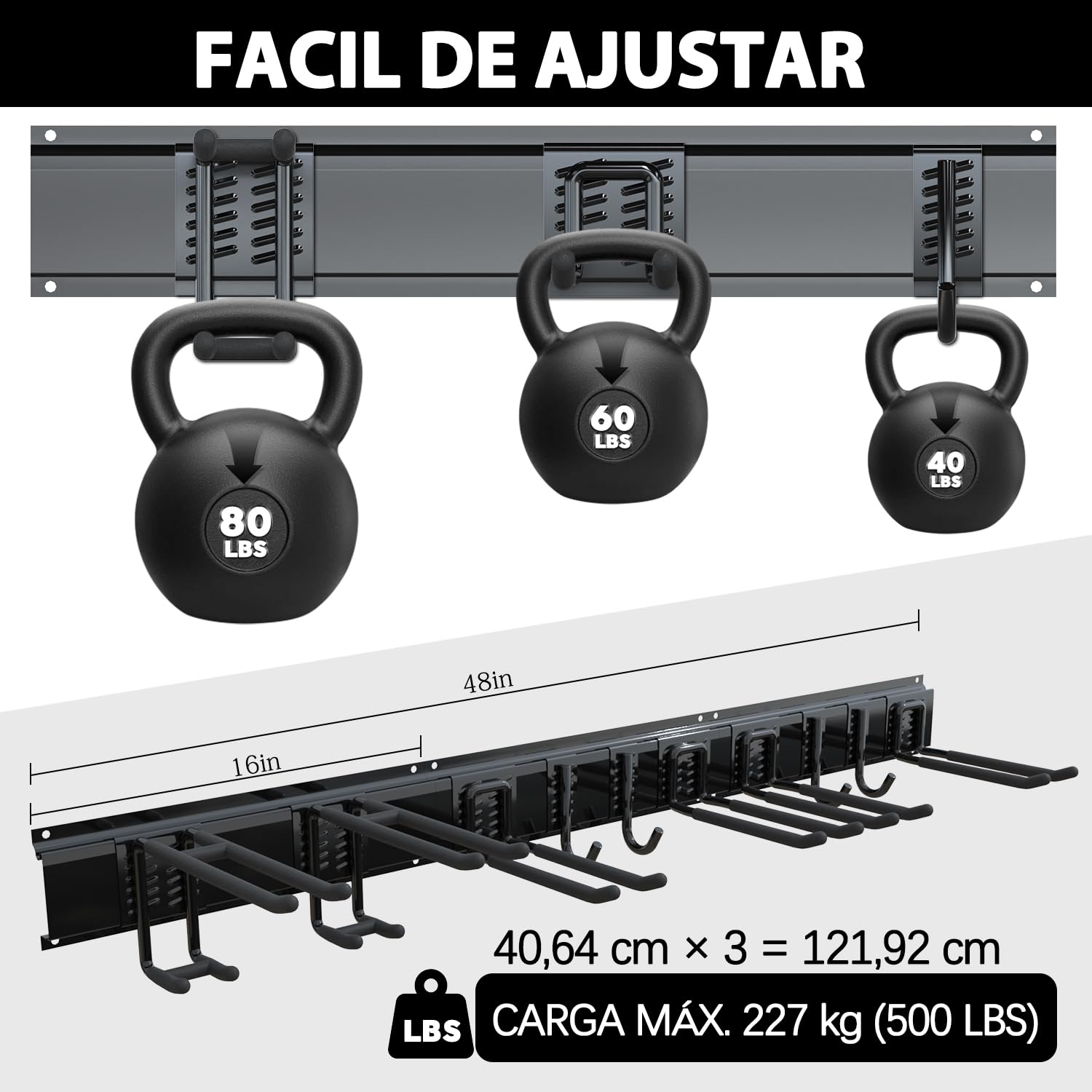 3-H 120cm Soporte Herramientas Pared,Ganchos Garaje Acero Aleado Organizador Herramientas Pared con 14 Ganchos,3 Rieles Deslizables,4 Correas para Esquí Silla Manguera Garaje Jardín