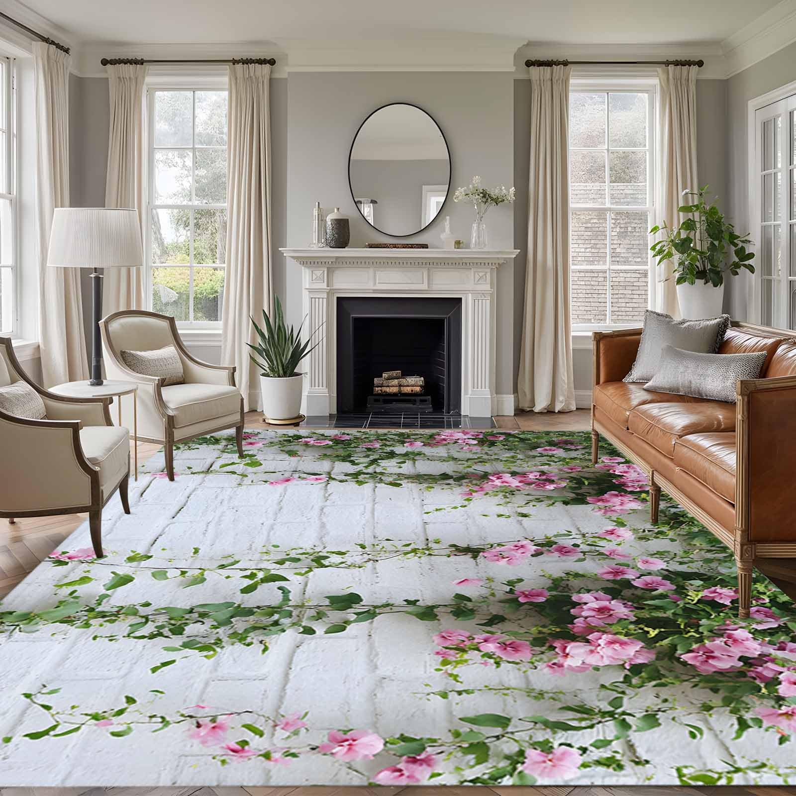 Area Rug 5'x7', Pink Spring Floral Non-Slip Runner Rug Carpet for Bedside, Green Summer Botanical Flowers Washable Outdoor Indoor Area Rugs Mat for Entryway/Living Room/Bedroom/Kitchen/Office